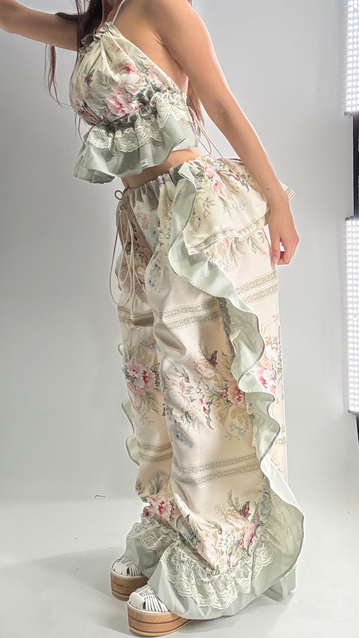 Handmade Vintage Muted Florals Two Piece Set with Adjustable Waist and Bust Lines (XS-XL)