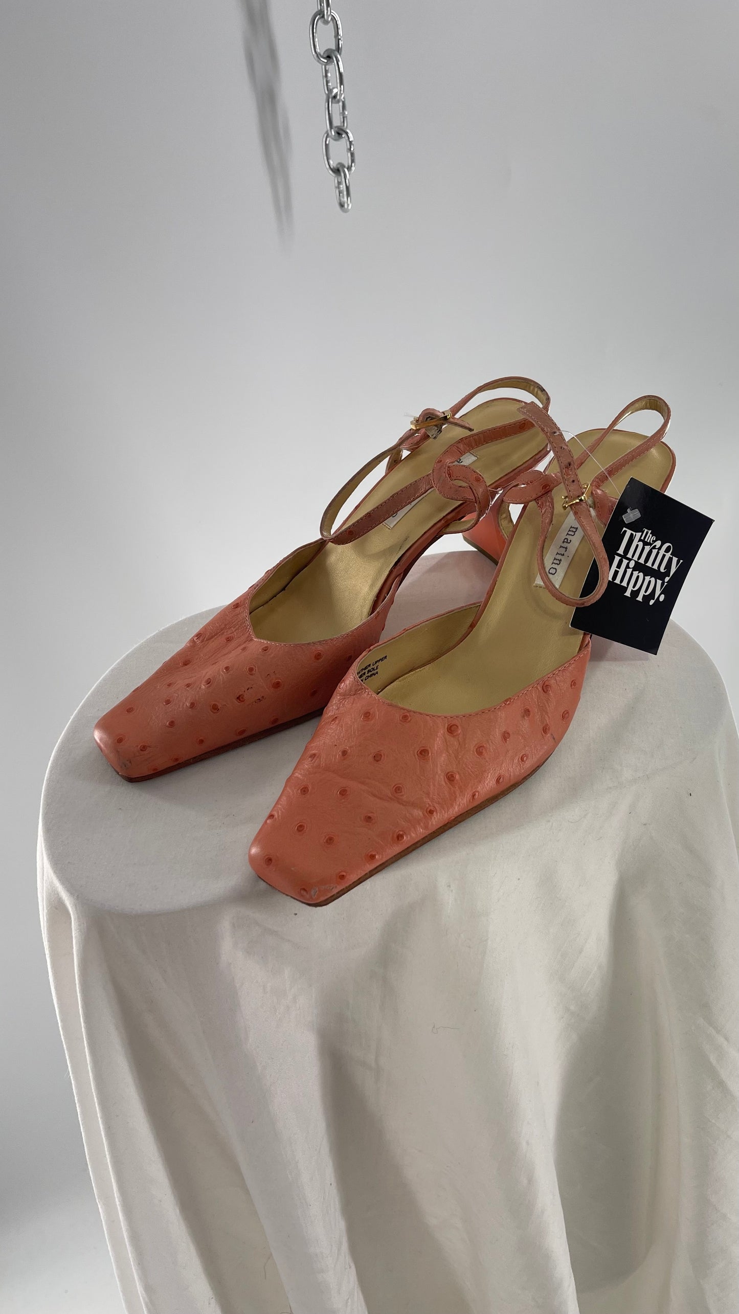 Vintage 1990s Ann Marino Pink Peach Genuine Leather Sling Back Pointed Square Toe Kitten Heel (8)