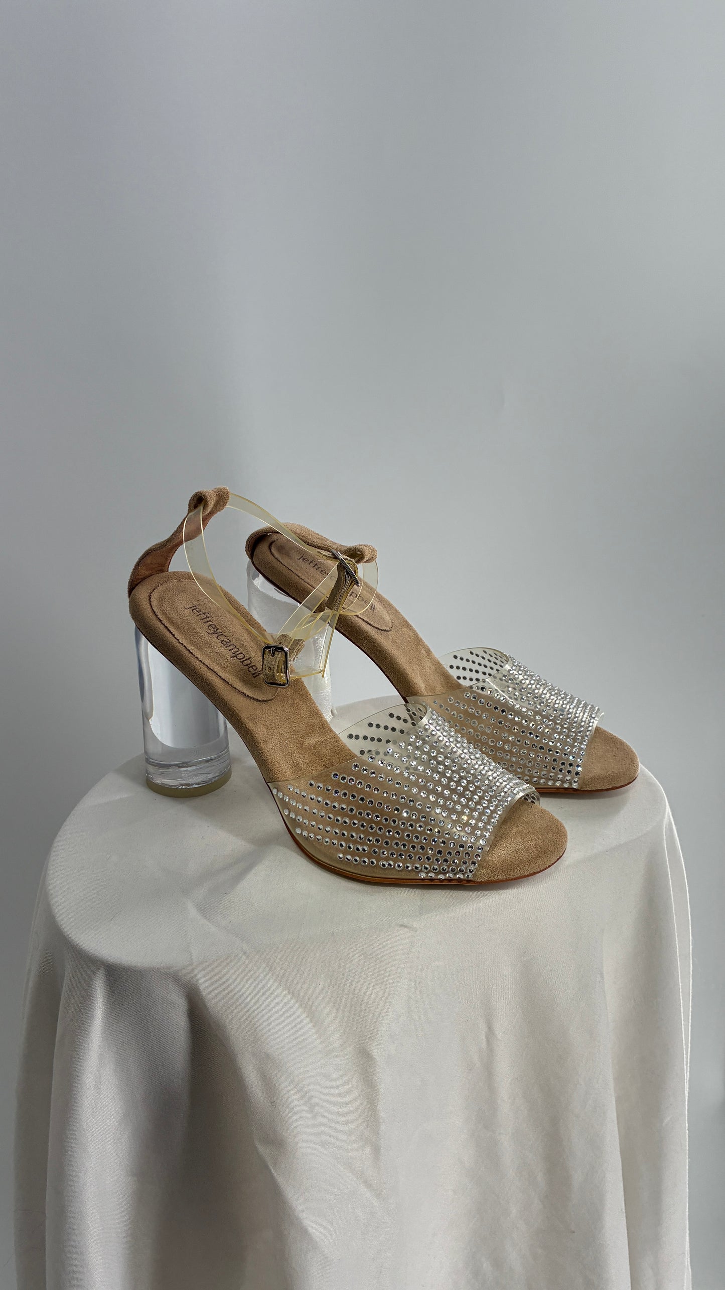 JEFFREY CAMPBELL Lucite Heel Suede Sole, Clear Strap Rhinestone Heel (8)