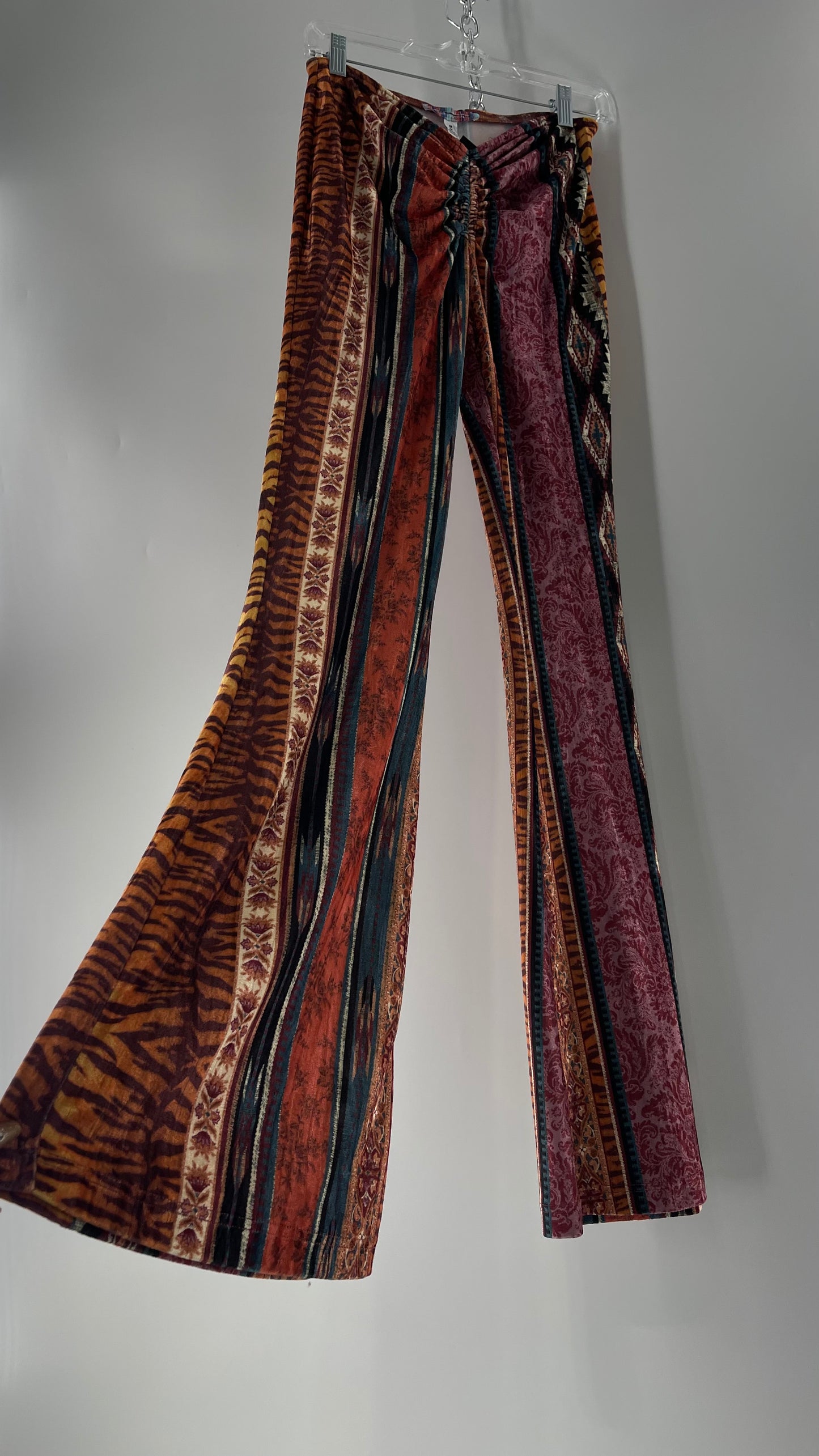 Urban Outfitters Velvet Scrunch Front Maroon Mixed Pattern Flared Bell Bottoms (Medium)