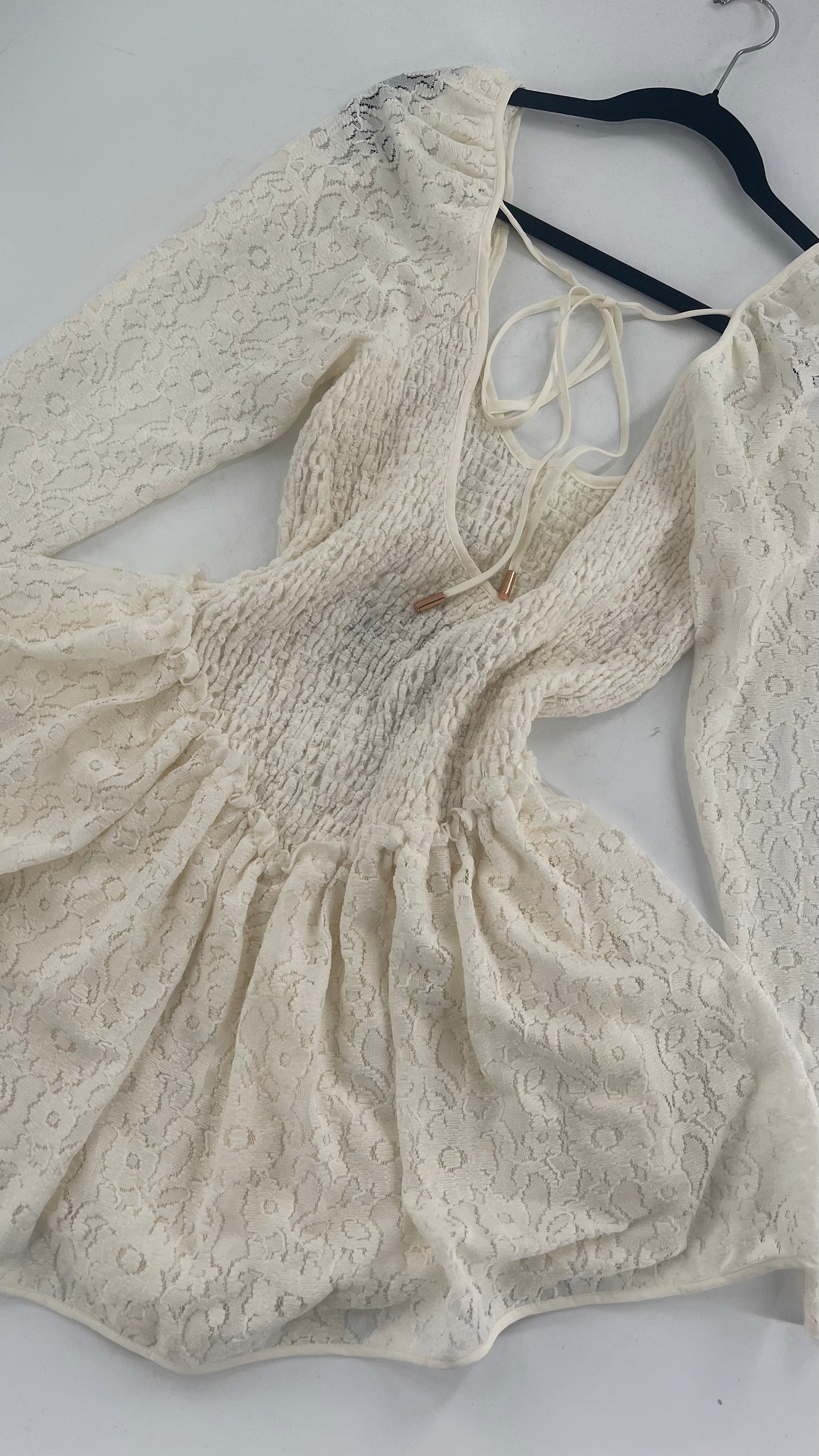 Free People White Velvet Lace Dress with Smocked Bodice and Pointed Waistline (Medium)