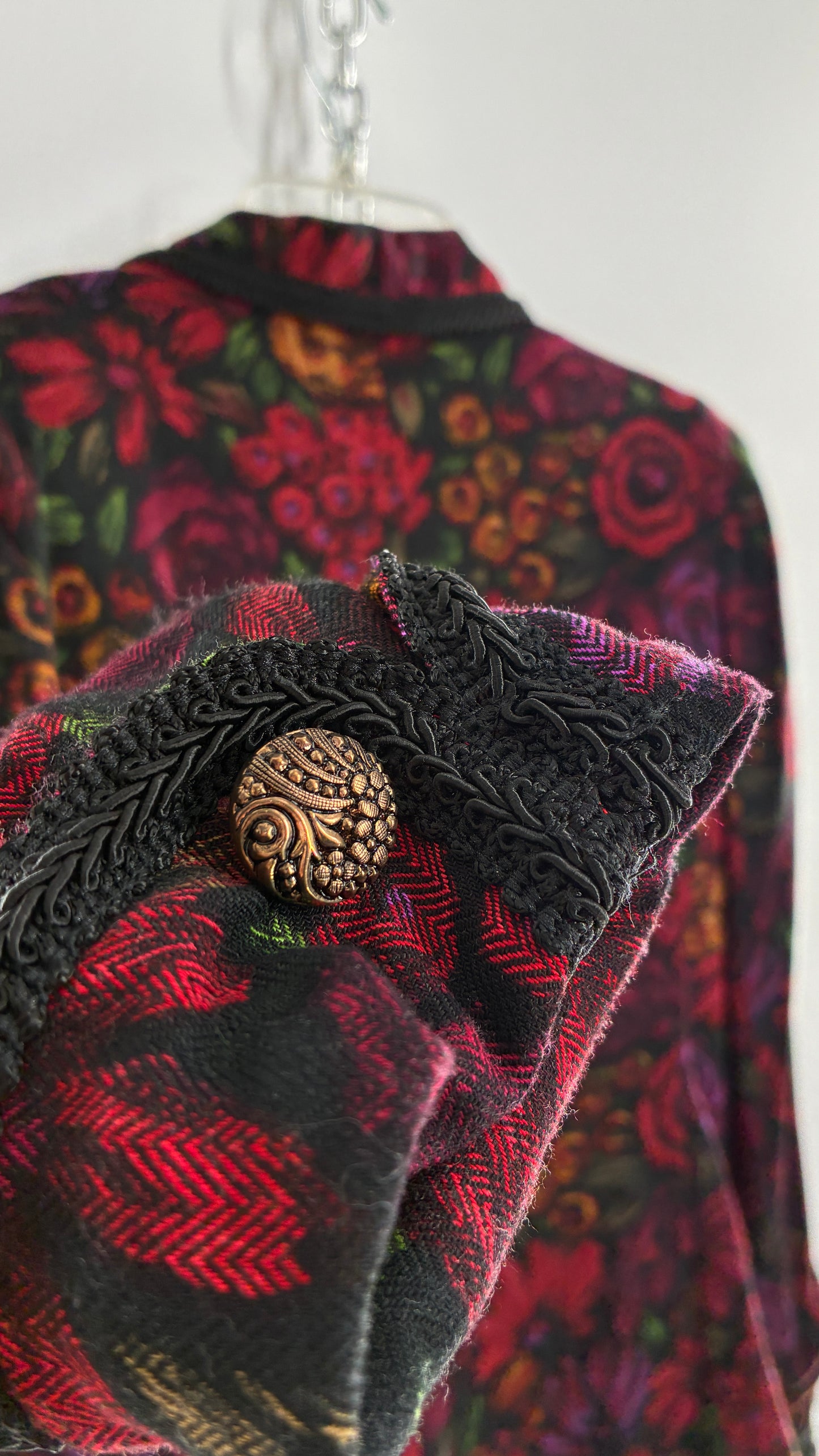 Vintage Suit Set with Gold Button, Deep Floral Blazer and Pleated Upcycled Mini Skirt (6)