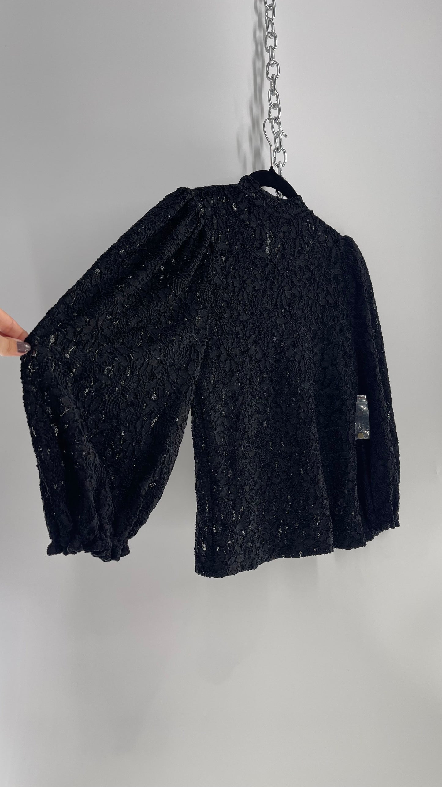 Free People Black Lace Bubble Quarter Sleeve Turtle Neck and Extra Buttons (XS)