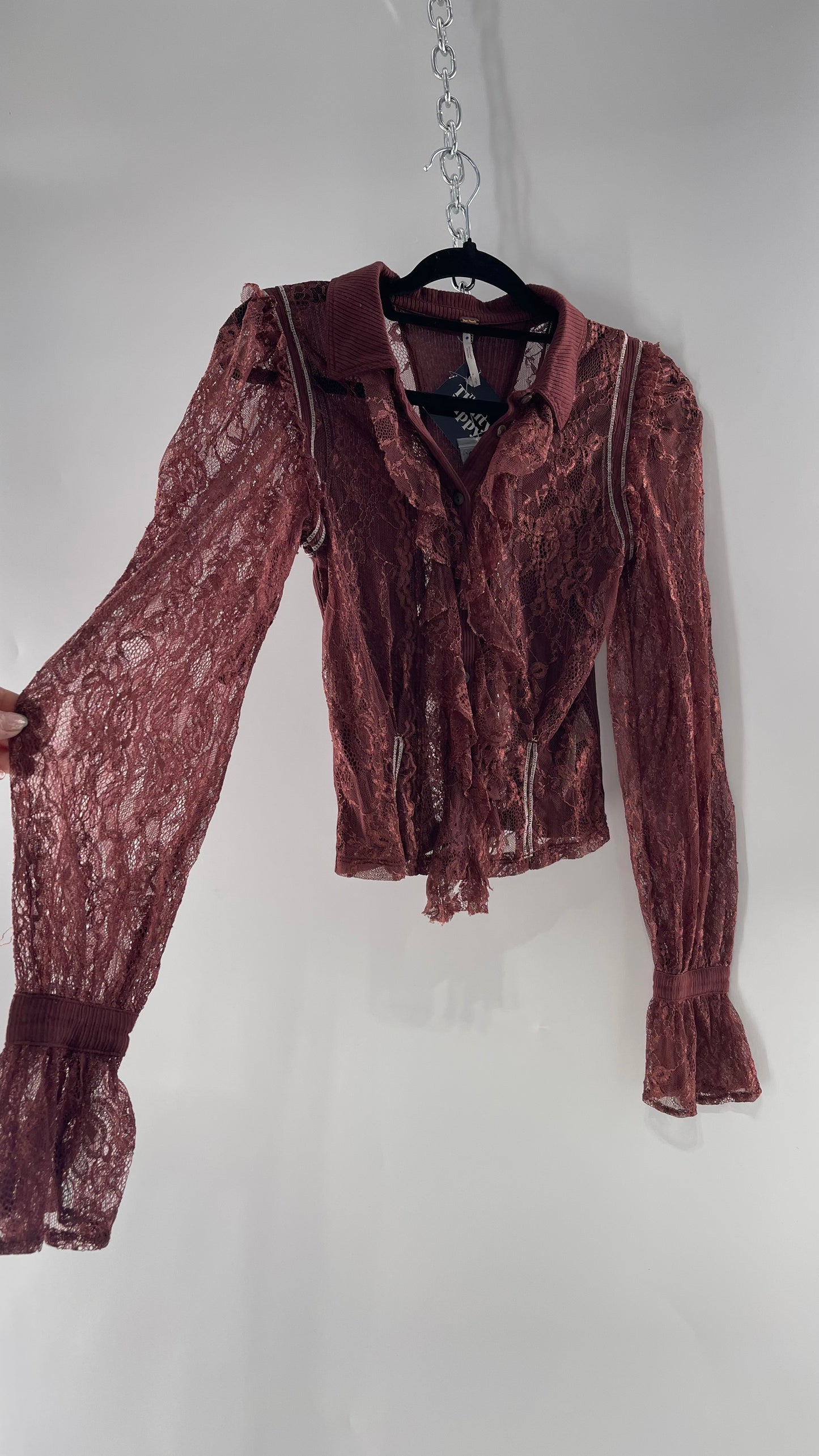 Free People Burgundy Lace Button Front Blouse with Balloon Sleeves and Ruffle Front Detail (Small)