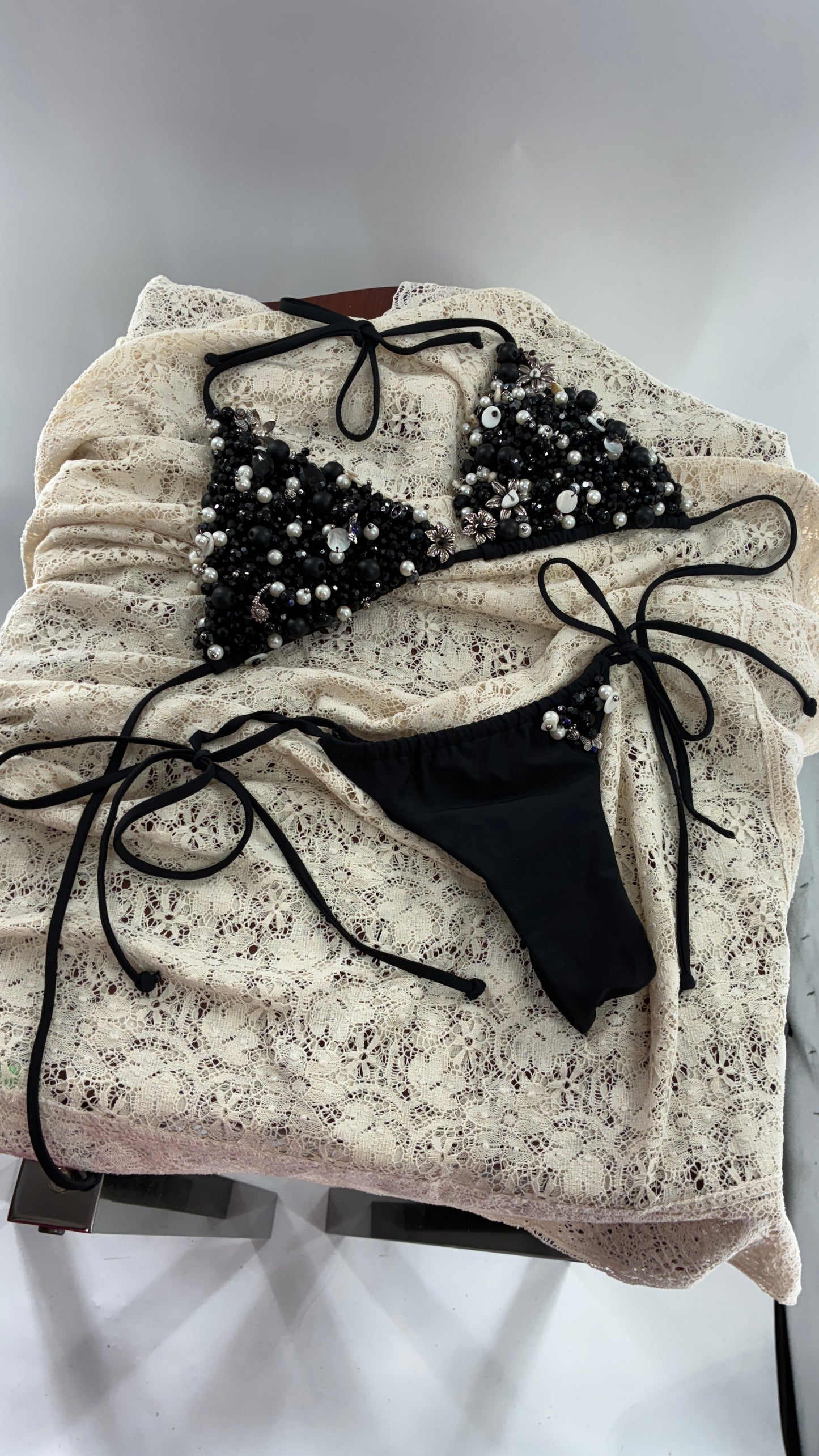CUSTOM 1/1 Black Swimsuit Covered in Hand Placed and Sewn Beads, Charms, and Gems (MEDIUM)