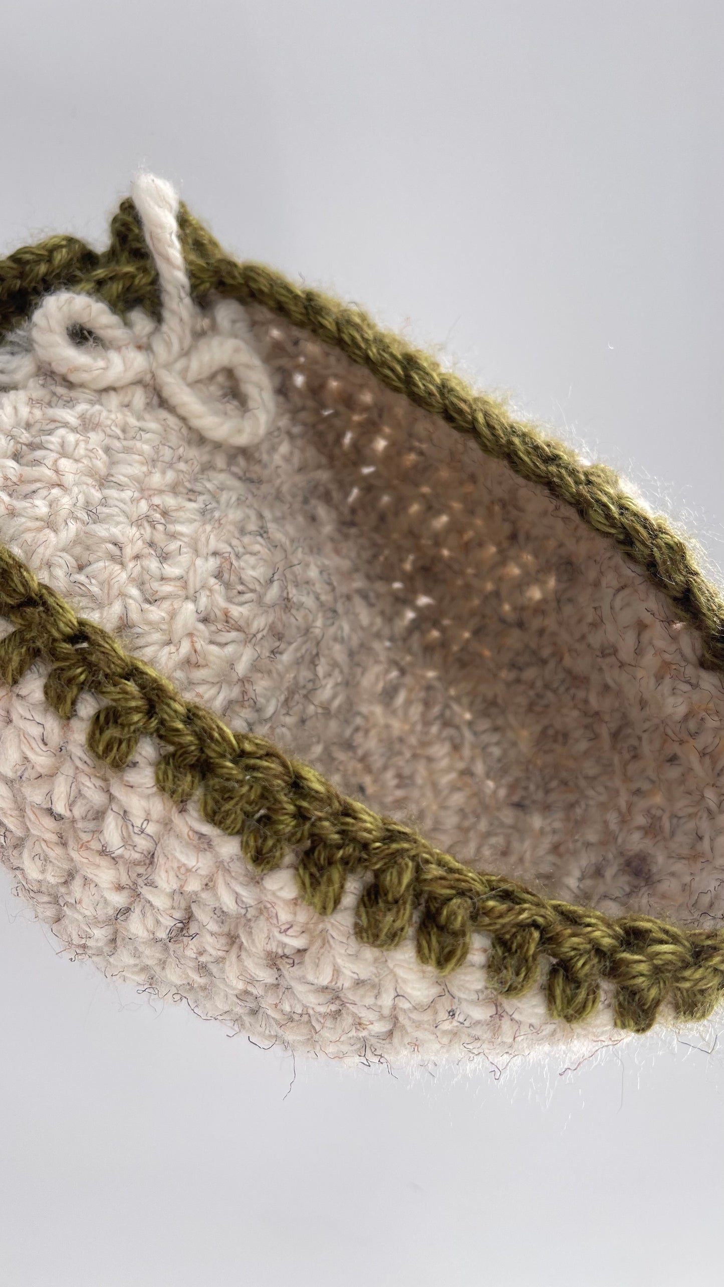 Vintage Beige Green Hand Knit Beanie with Rose