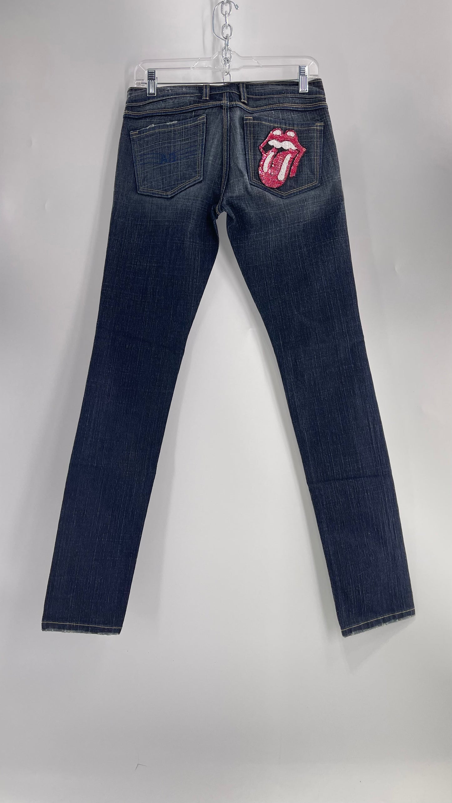 Vintage Smart AS JEANS Dark Wash with Grain and Embroidered/Embellished Kiss Rock Logo (28)