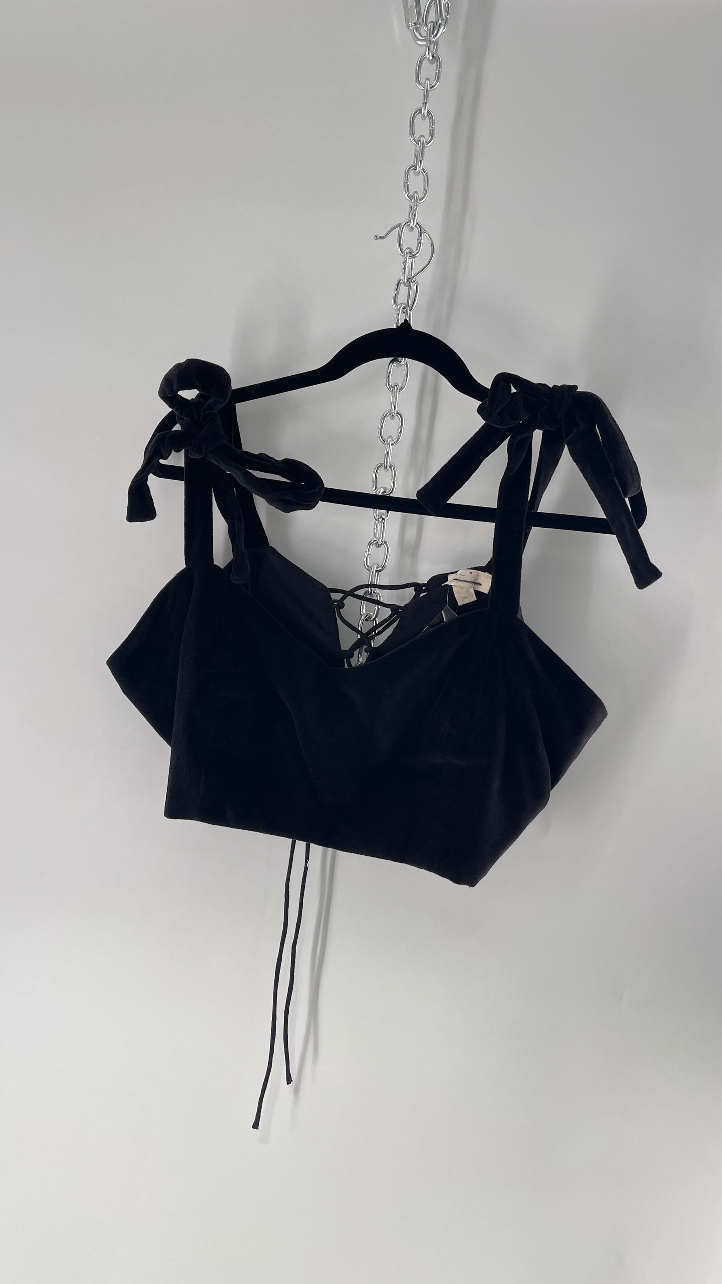 Letmebe Anthropologie Black Velvet Cropped Tank with Delicate, Romantic Tie Shoulders and Lace Up Back (XL)