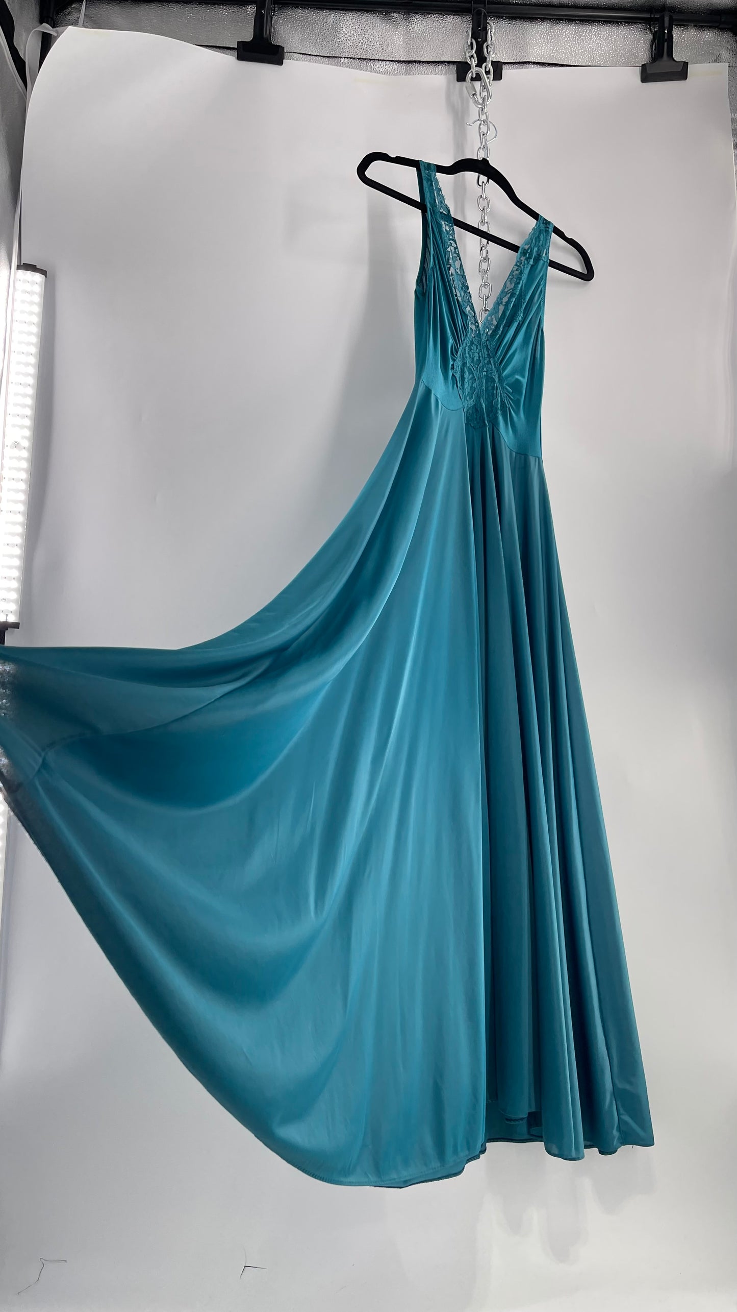 Vintage Olga Intimates Floor Length Voluminous Blue Jewel Toned Maxi Dress/Night Gown with Lace Bust (Small)