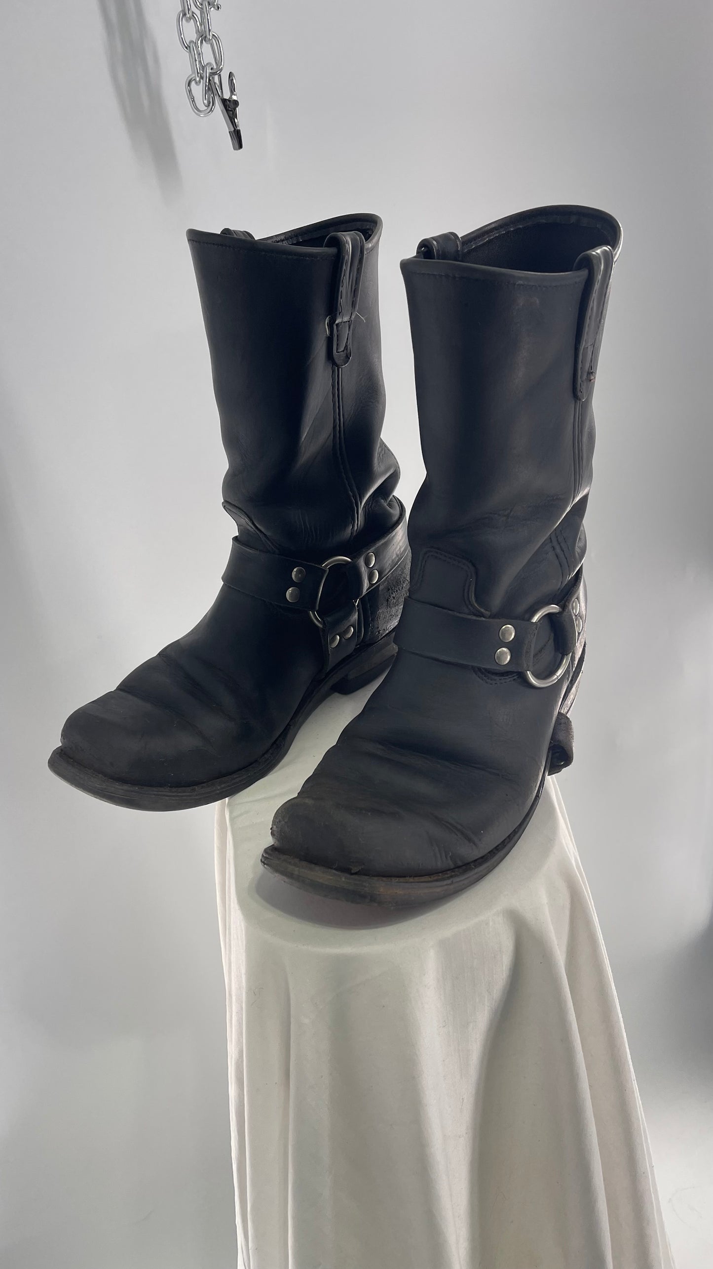 Vintage SIERRA Black Heavy Duty Sloppy Scuffed Distressed Leather Motorcycle Boots (10.5)