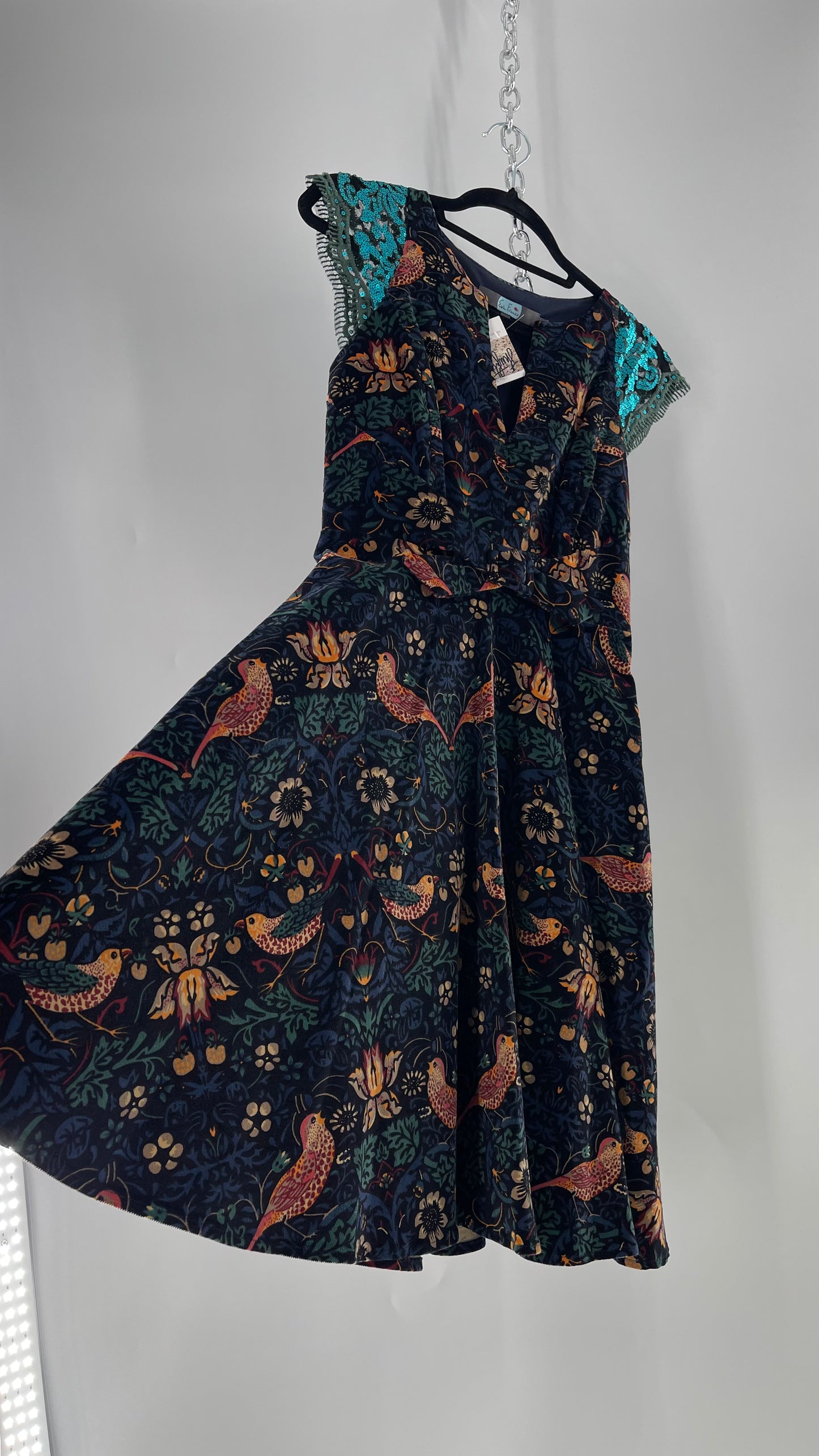 Anthropologie Eva Franco Corduroy Floral Bird Tapestry Print Dress with Sequin Cap Sleeves (4)