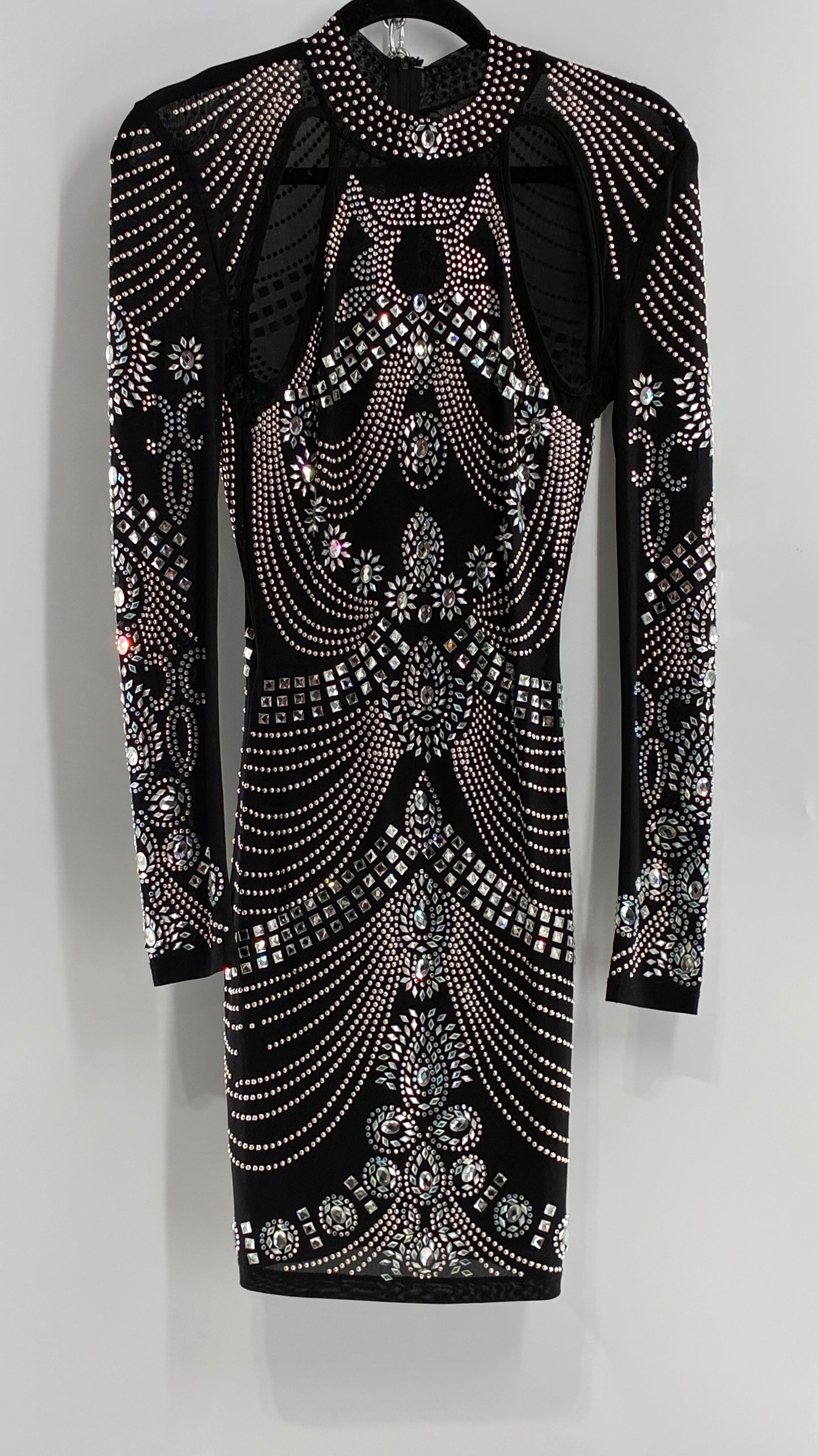 Black Bedazzled Mini Dress with Cut Out Details Covered in Gems (Small)