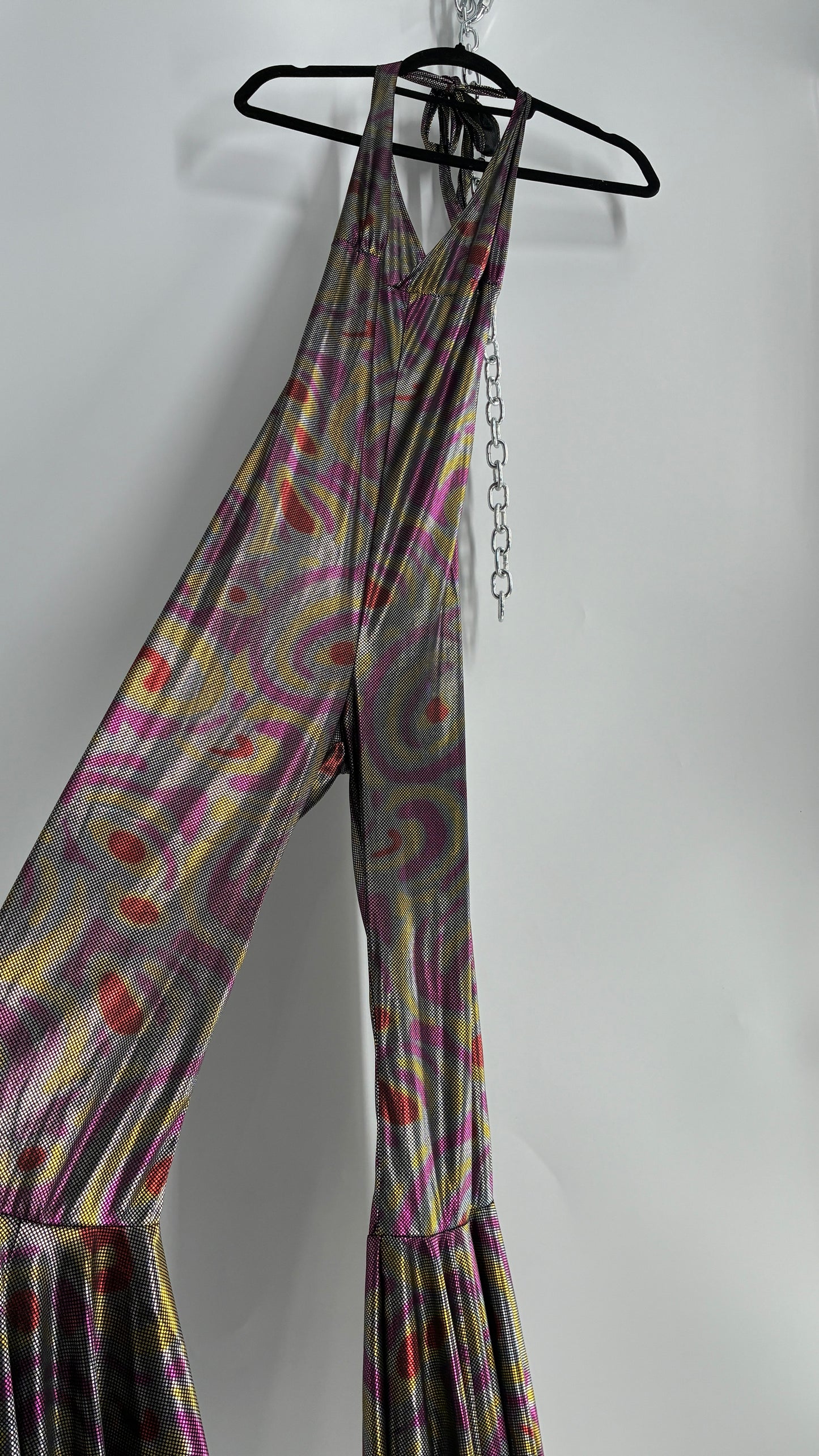 1970s Style Bell Bottom Psychedelic Metallic Jumpsuit with Waist Cinching Back Ties (S/M)