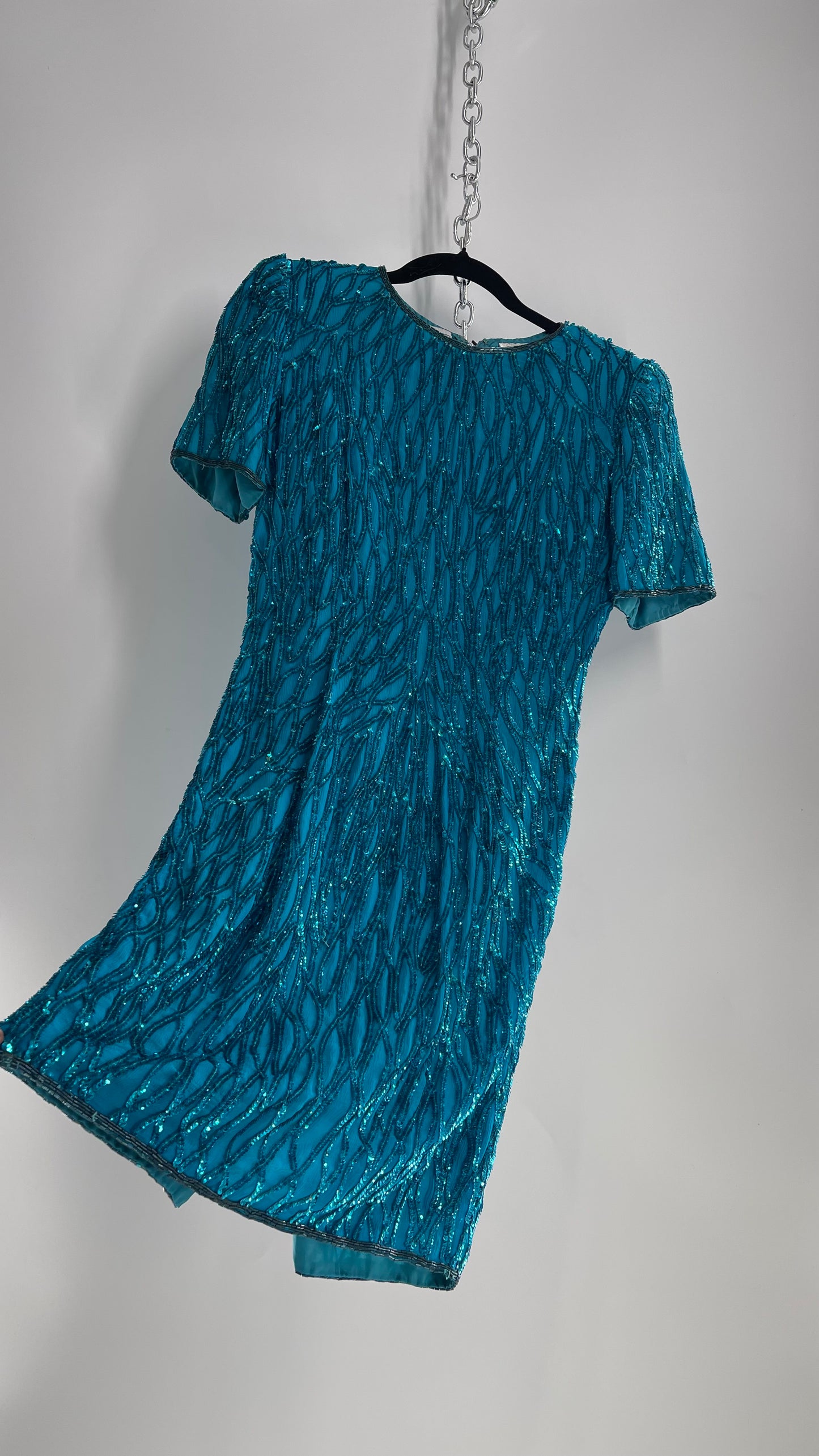 Vintage Sténay 100% Silk Bright Blue Sequin Mini Dress (4)