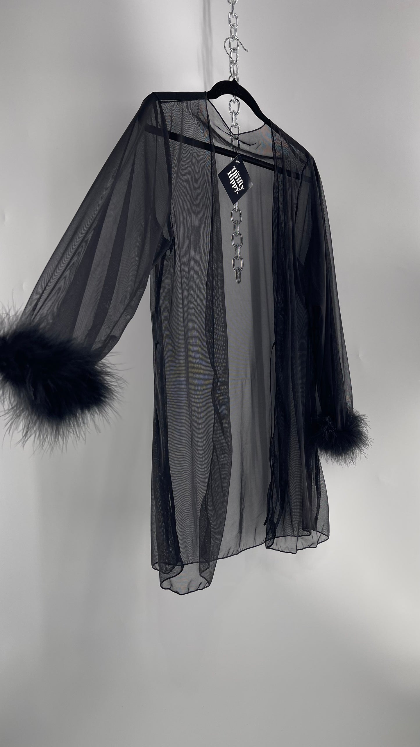Black Mesh Long Sleeve Toss On with Feather Cuffs (Medium)