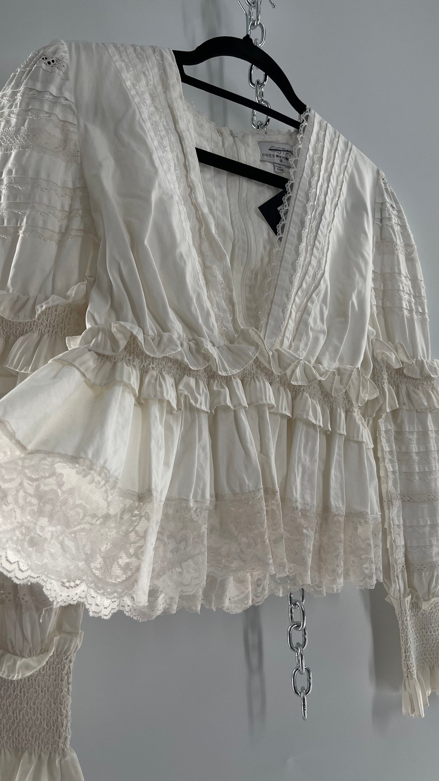 CISTAR NEW YORK White Balloon Sleeve Blouse Adorned in Delicate Ruffled and Lace (Medium)