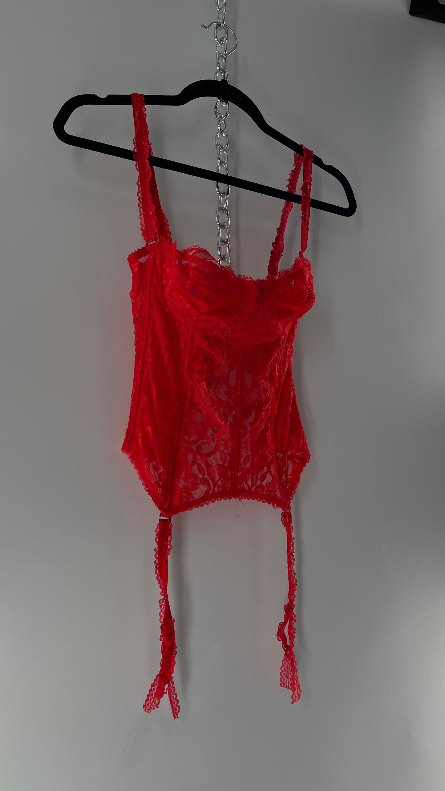 90s Vintage Red Lace Corset with Ruffled Sleeves and Removable Garter Straps (32B)