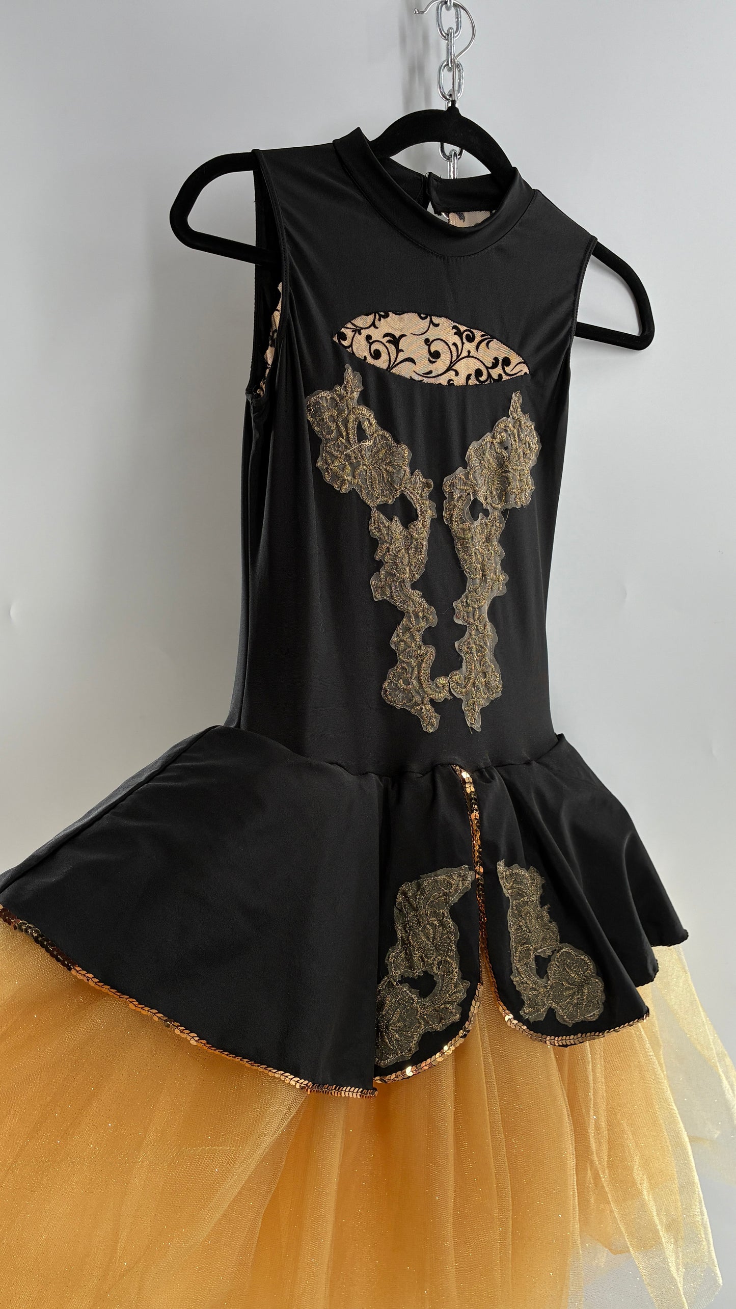 Costume Dancewear Mini Dress with Full Tulle Skirt, and Lace Appliqués (Medium Adult)