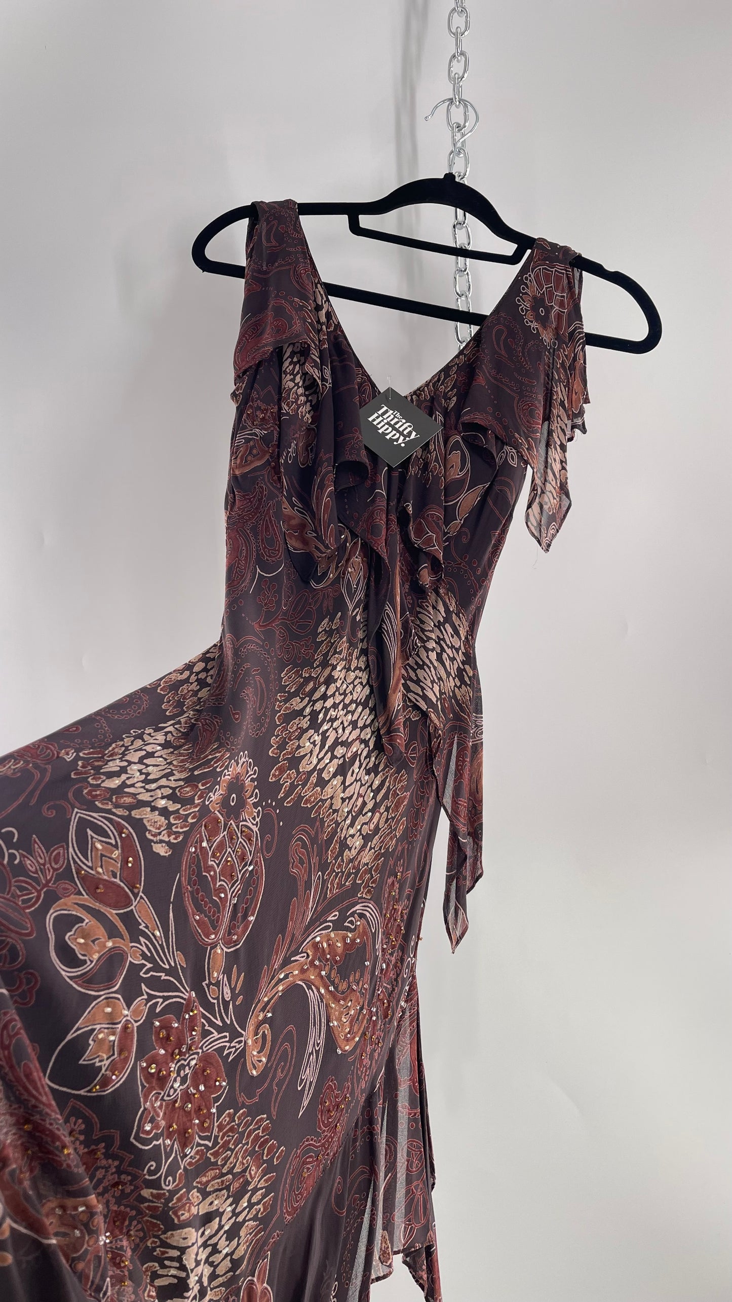 Vintage 90s EVA BLUE Brown MIDI dress with beading and Handkerchief Fairy Hem (10)