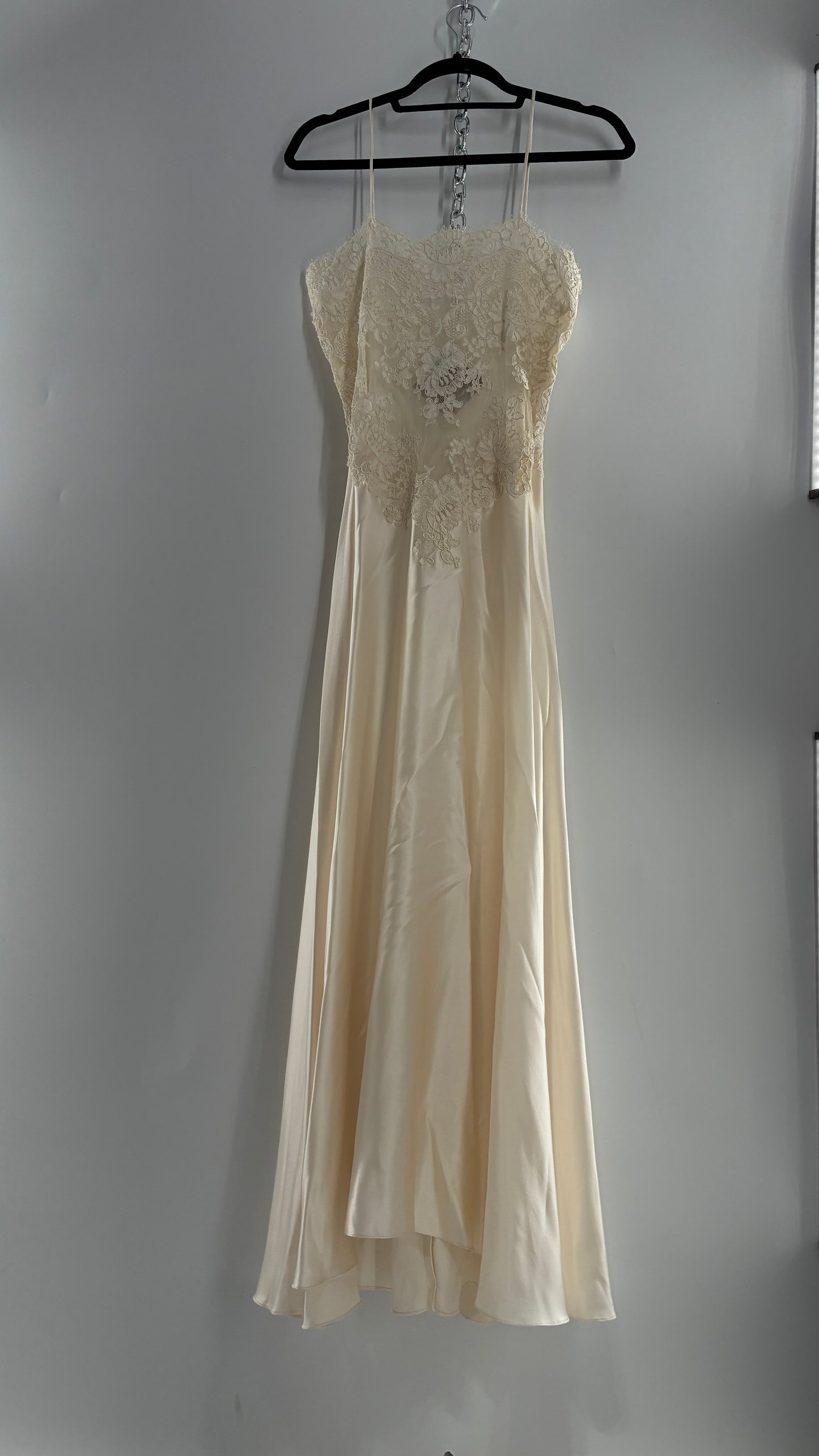 Vintage JONQUIL 100% Silk Gown with Heavy Lace Appliqués and Low Cut Sheer Back (Medium)