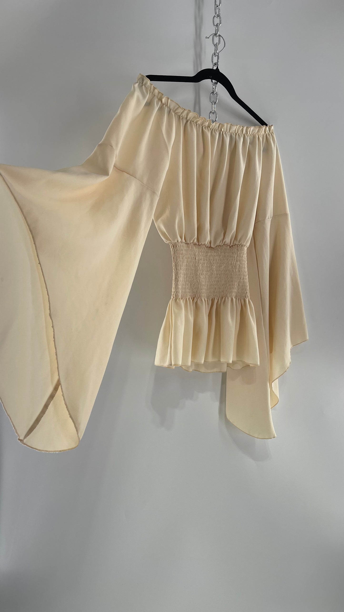 Vintage Off White Smocked Waist Bell Sleeve Wanderlust Blouse(S/M)