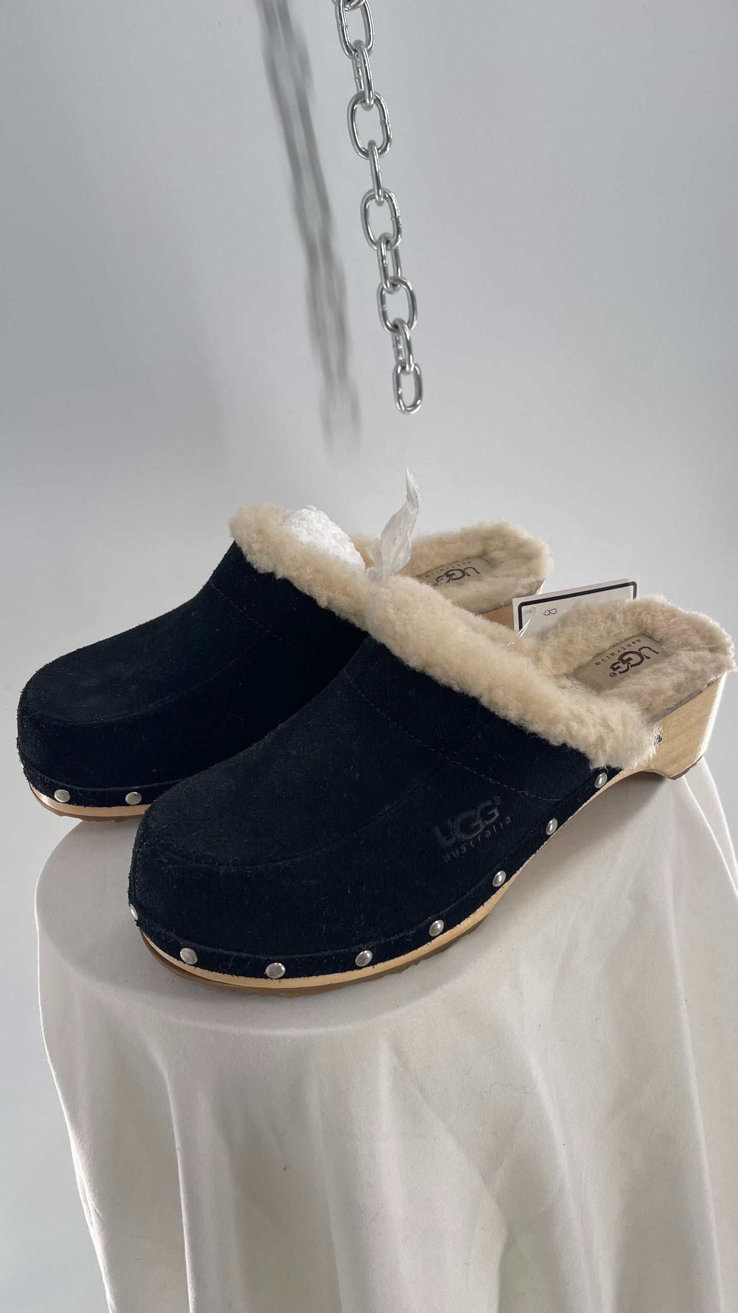 UGG Vintage Side Studded Black Suede Fur Lined Wooden Clog (8)