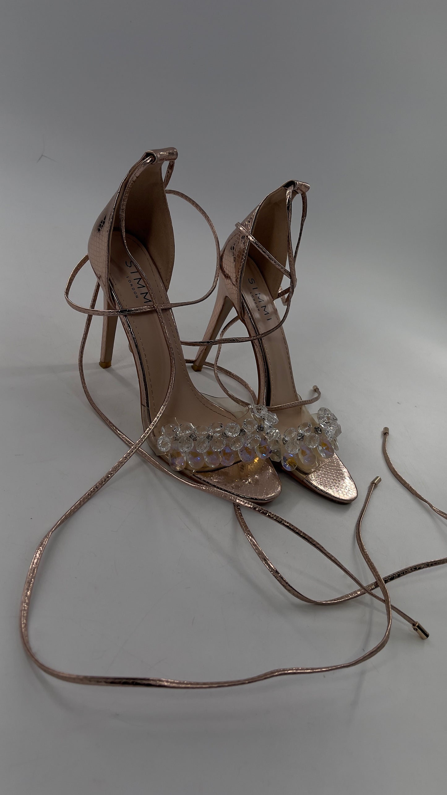 SIMMI LONDON Rose Gold Textured Heels with Clear Toe Strap Covered in Rhinestones/ Crystal Pendants and Tie Up Ankle Straps (7)