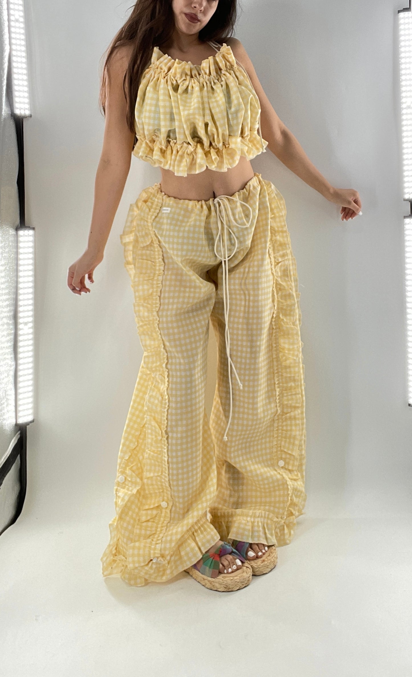 Vintage 2 Piece Yellow Checkered/Gingham Patterned Picnic Set with Ruched Bust Top and Ruffle Side Wide Legs with Adjustable Length, Strap Up Buttons on Hem (One Size)