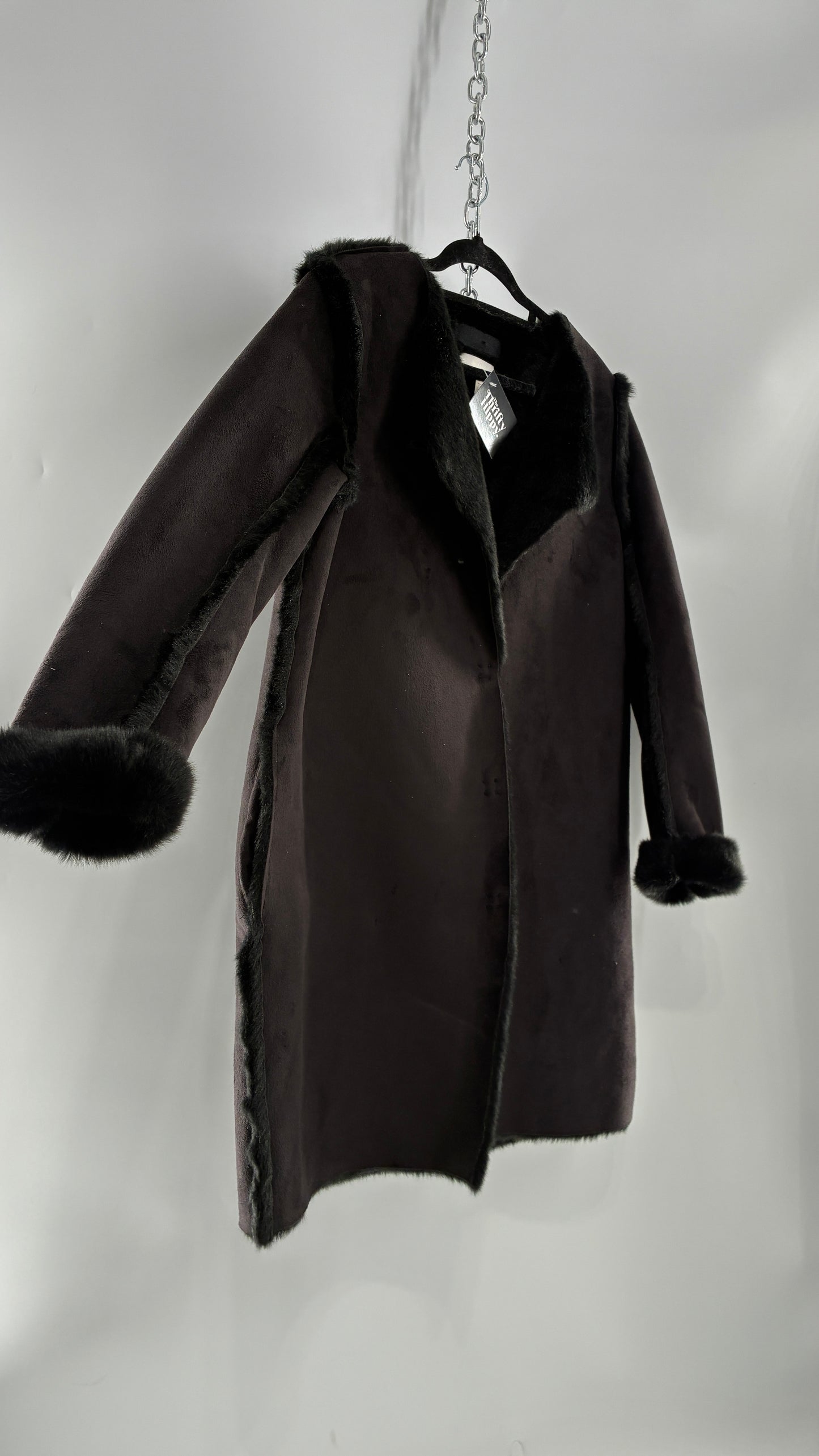 Vintage H&M Black Faux Suede Coat with Faux Fur Piping (12)