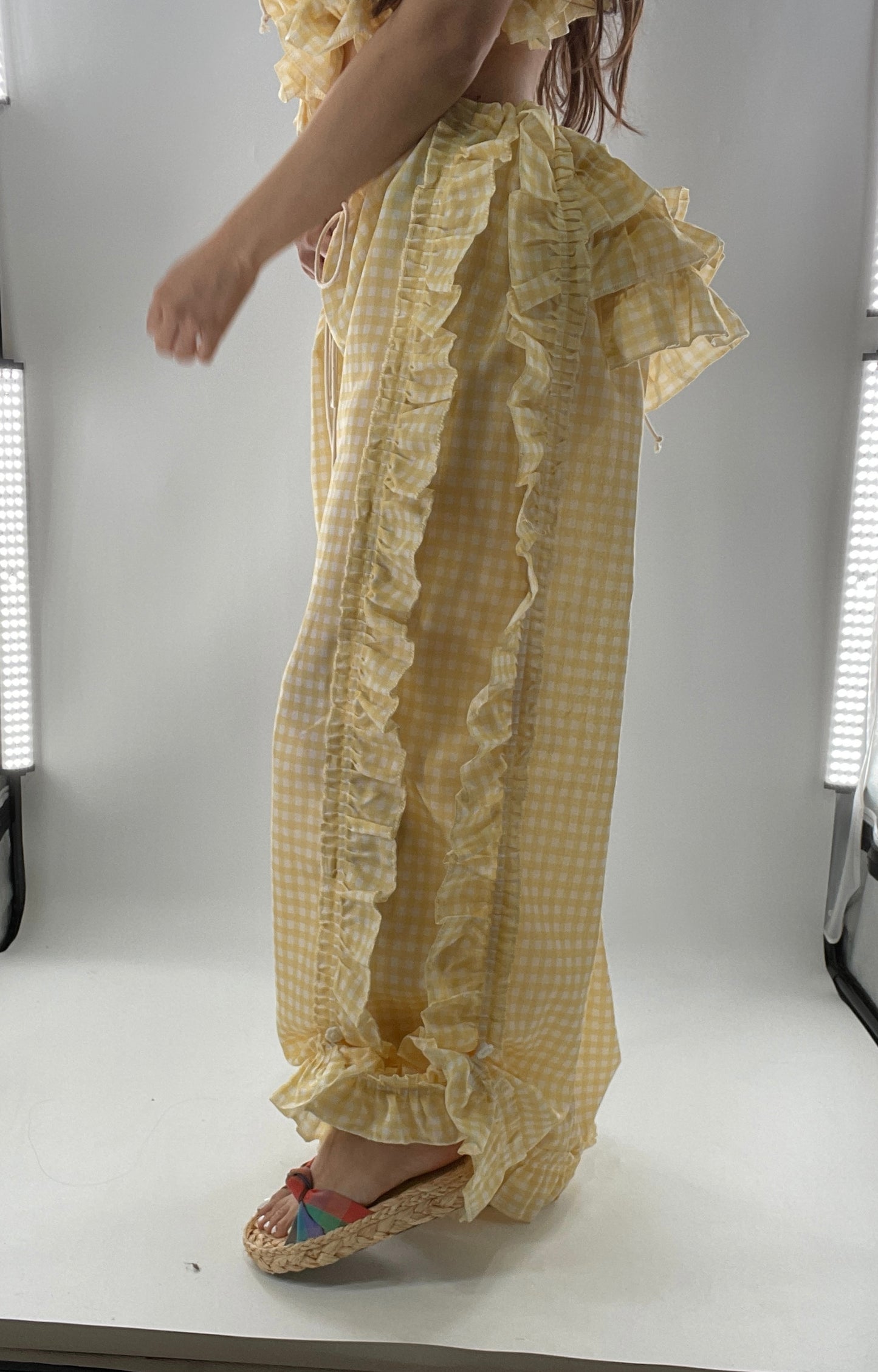 Vintage 2 Piece Yellow Checkered/Gingham Patterned Picnic Set with Ruched Bust Top and Ruffle Side Wide Legs with Adjustable Length, Strap Up Buttons on Hem (One Size)