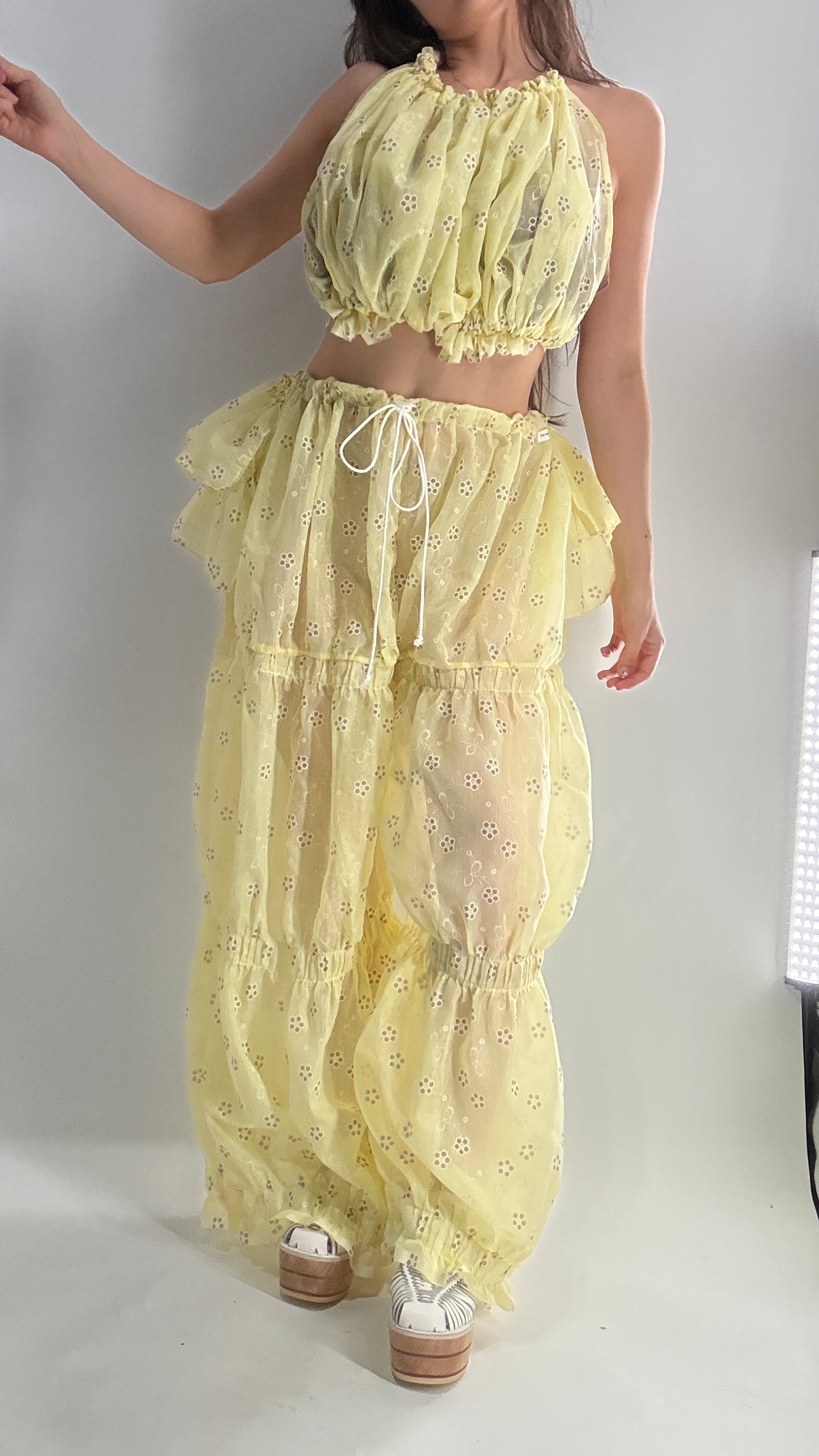 Vintage Handmade 2pc Baby Yellow Set with Tiered Pants, Ruffled Bum, and Floral Eyelet Pattern (XS-M)