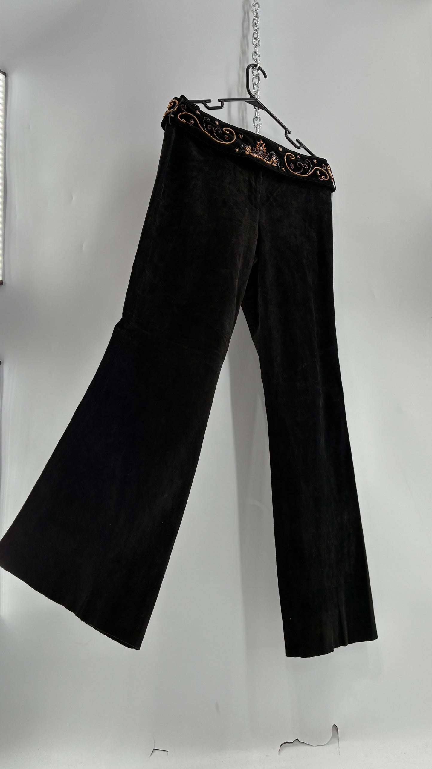 Vintage Margaret Godfrey Black Genuine Suede Leather Kick Flares with Wide Beaded Belt (10)