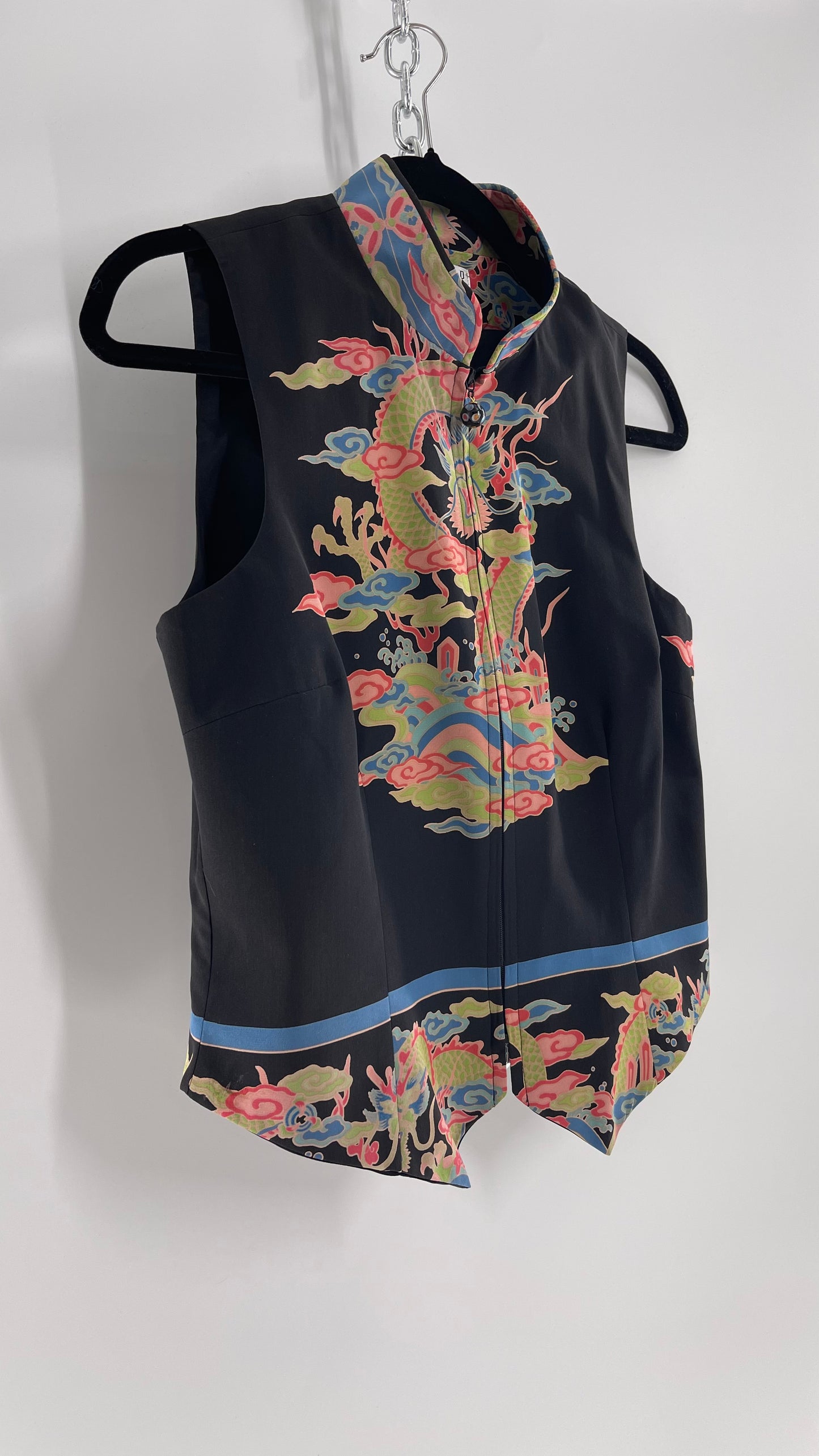 Vintage 1990s TAPP NEW YORK 100% Dragon Graphic Zip Front Crop Sleeveless Vest Top Silk (Medium)