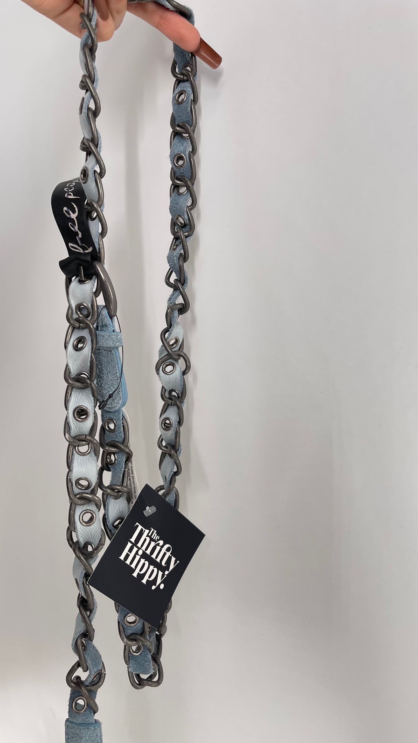 Free People Blue Suede Leather Braided Belt with Metal Chain Hardware (One Size)