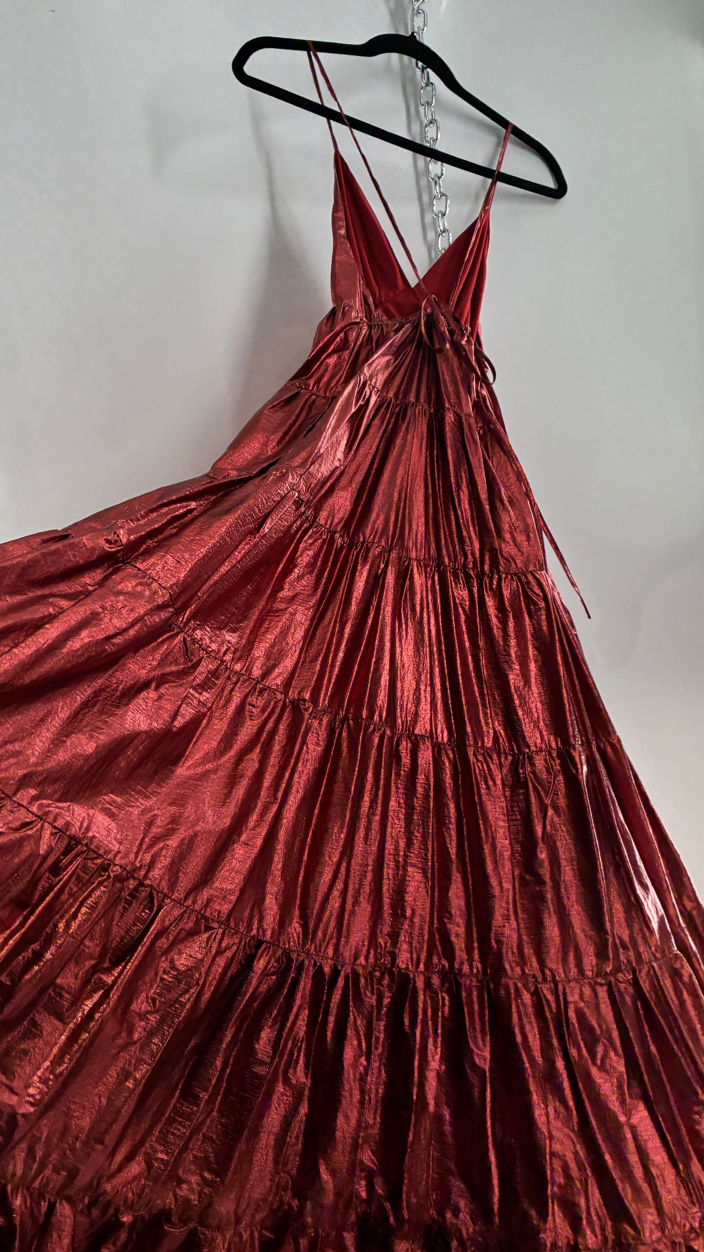 HUTCH Red Metallic Tiered Voluminous Maxi Gown (XS)