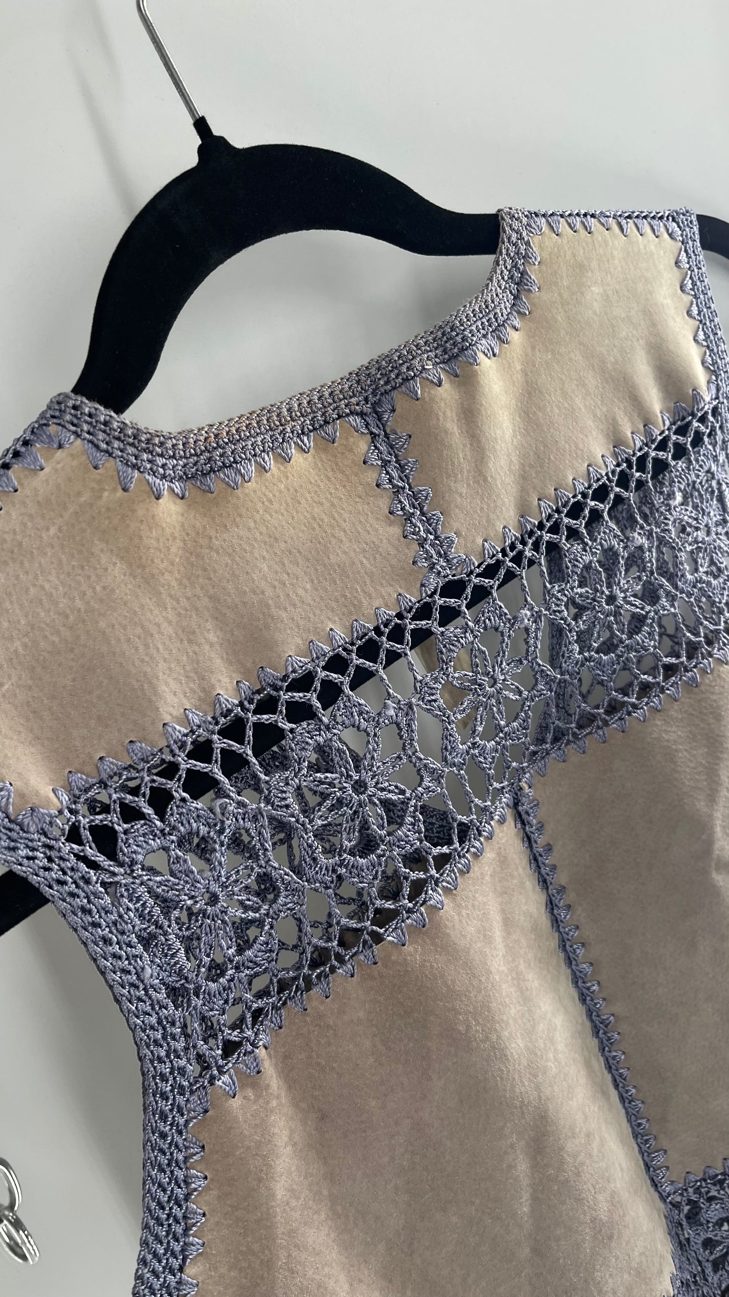 Vintage Grey Suede Leather and Blue Crochet Vest Top (Small)