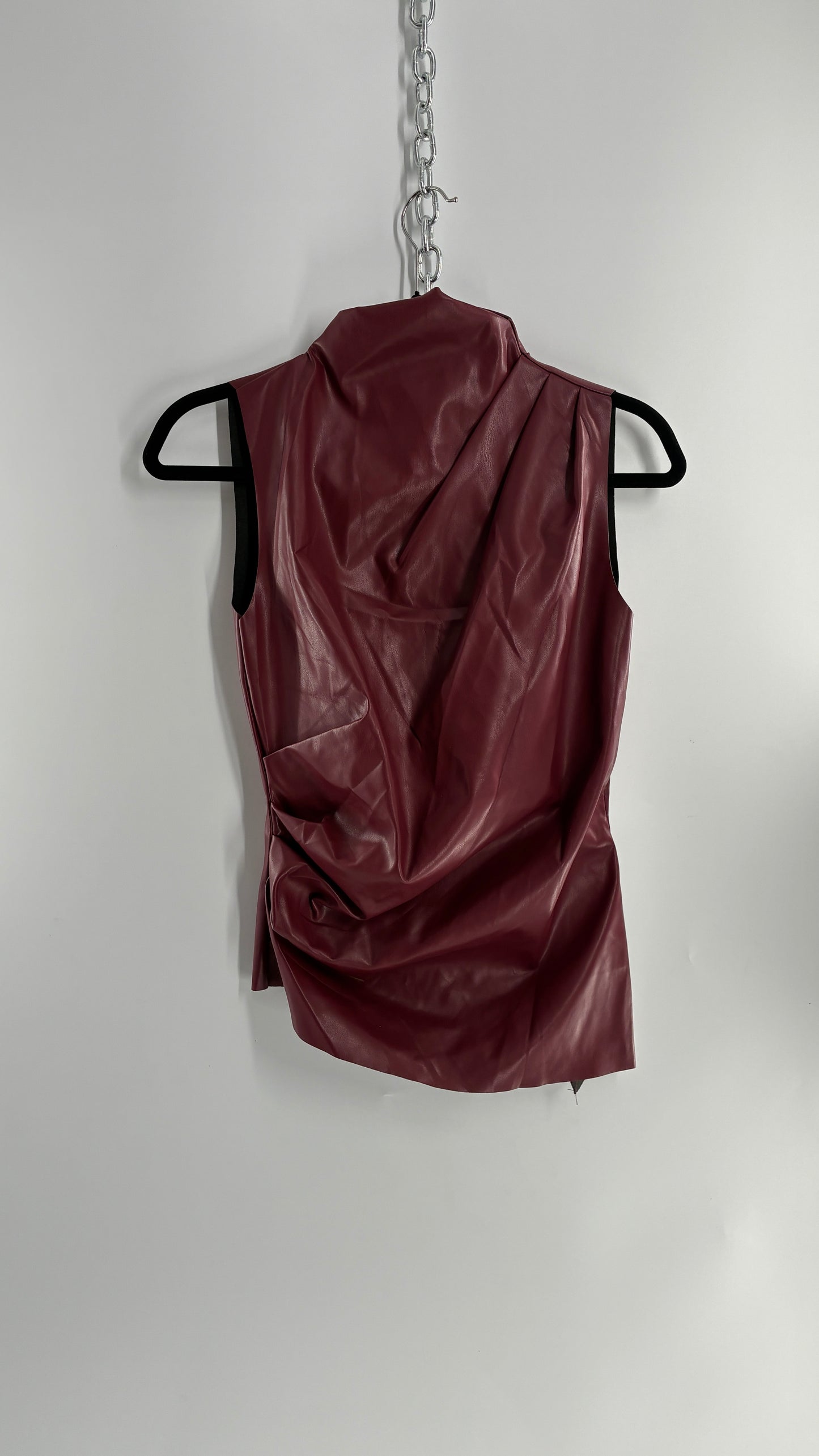 Faux Leather Maroon Ruched High Neck Asymmetric Sleeveless Top (Medium)