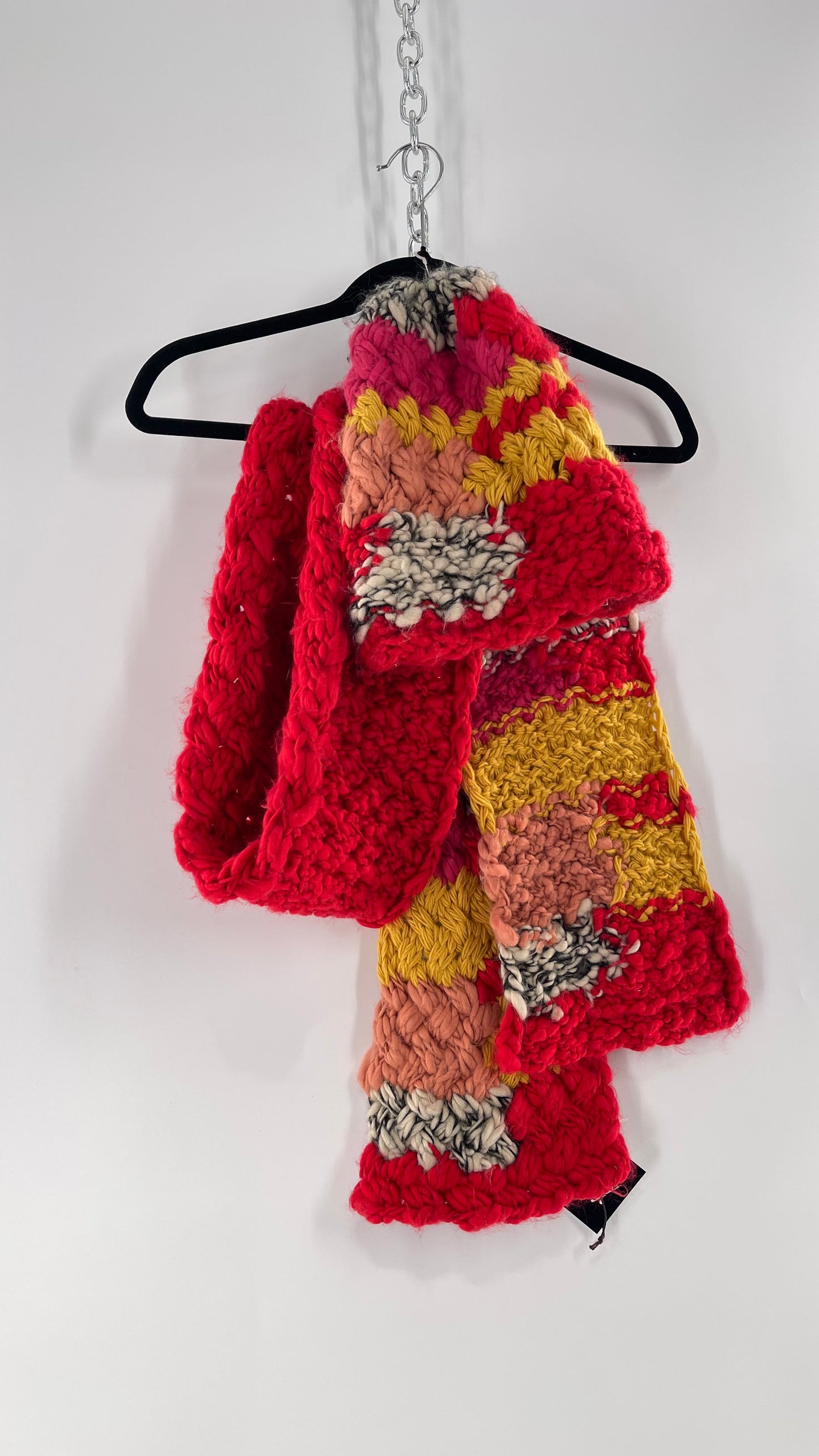 Anthropologie Hand Knit Red/Peach/Yellow Scarf and Beanie Set