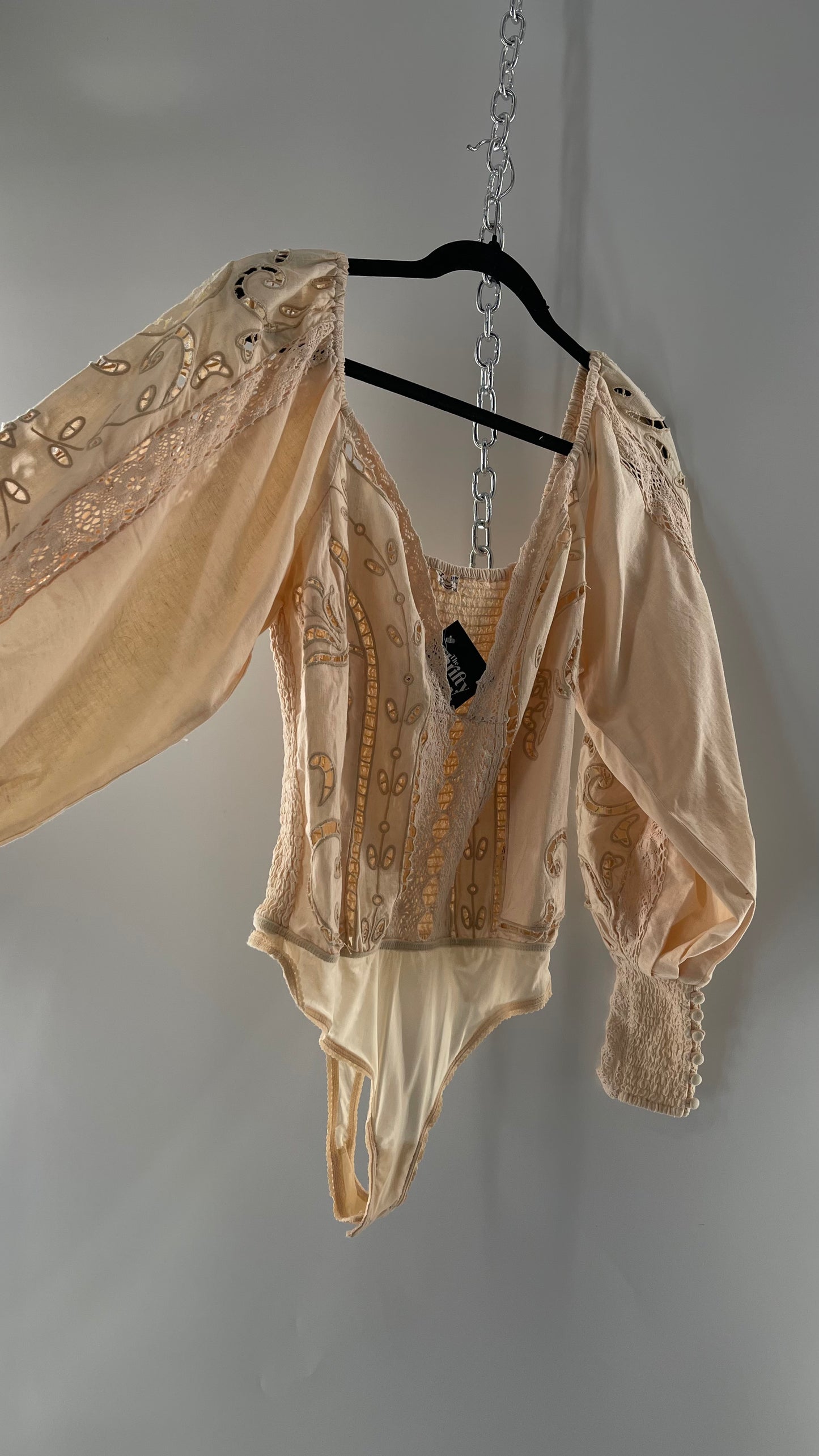 Free People Off White Cotton Bodysuit with Embroidered Lace Balloon Bishop Sleeve and Smocked, Buttoned Cuffs (Large)