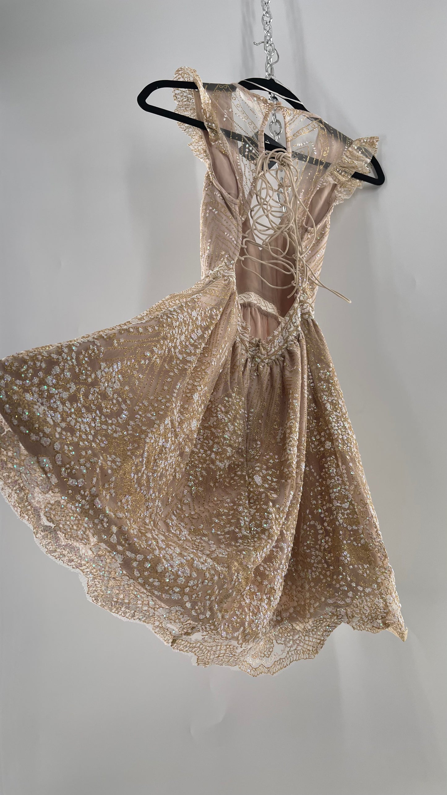 Hello Molly Fairy Sleeveless Chunky Iridescent Glitter Gold Mini Dress with Tie Up Back and Ruffle Sleeve (S)