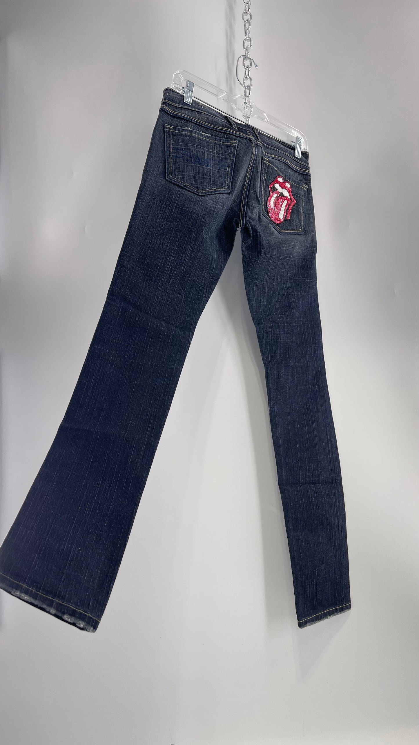 Vintage Smart AS JEANS Dark Wash with Grain and Embroidered/Embellished Kiss Rock Logo (28)