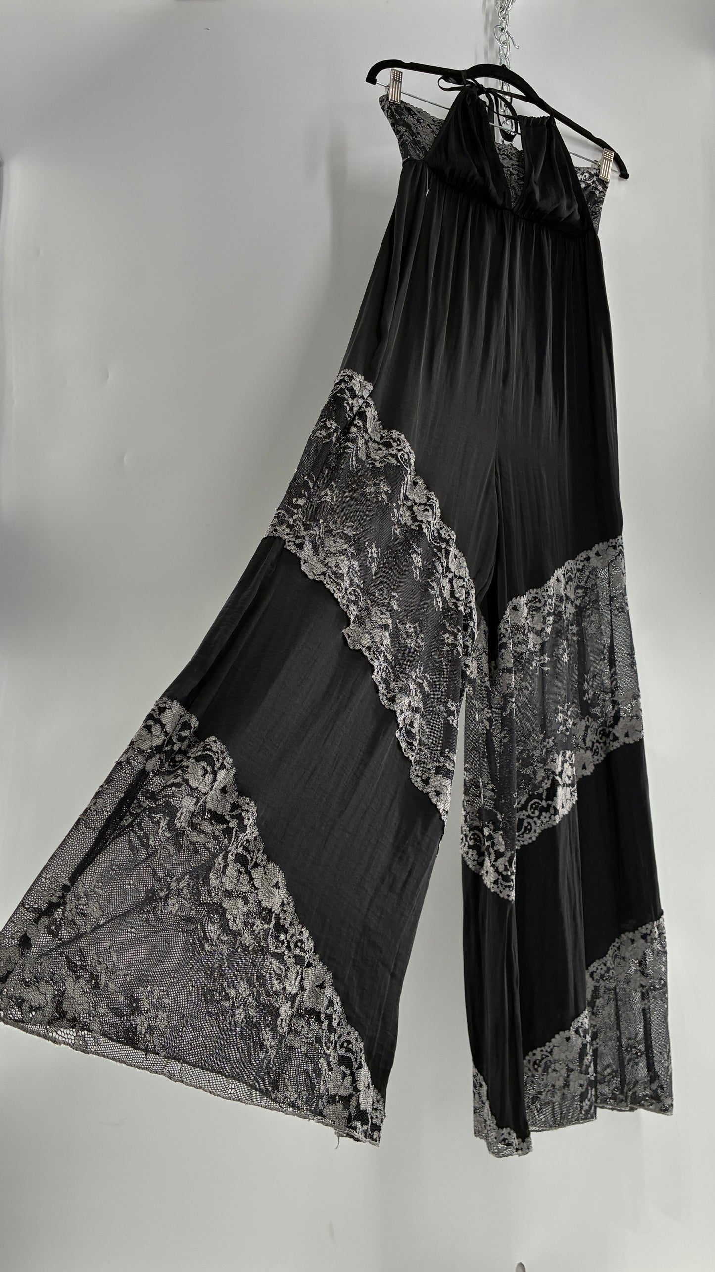 Free People Silky Black Jumpsuit with Grey Lace Paneling and Bandeau (S)