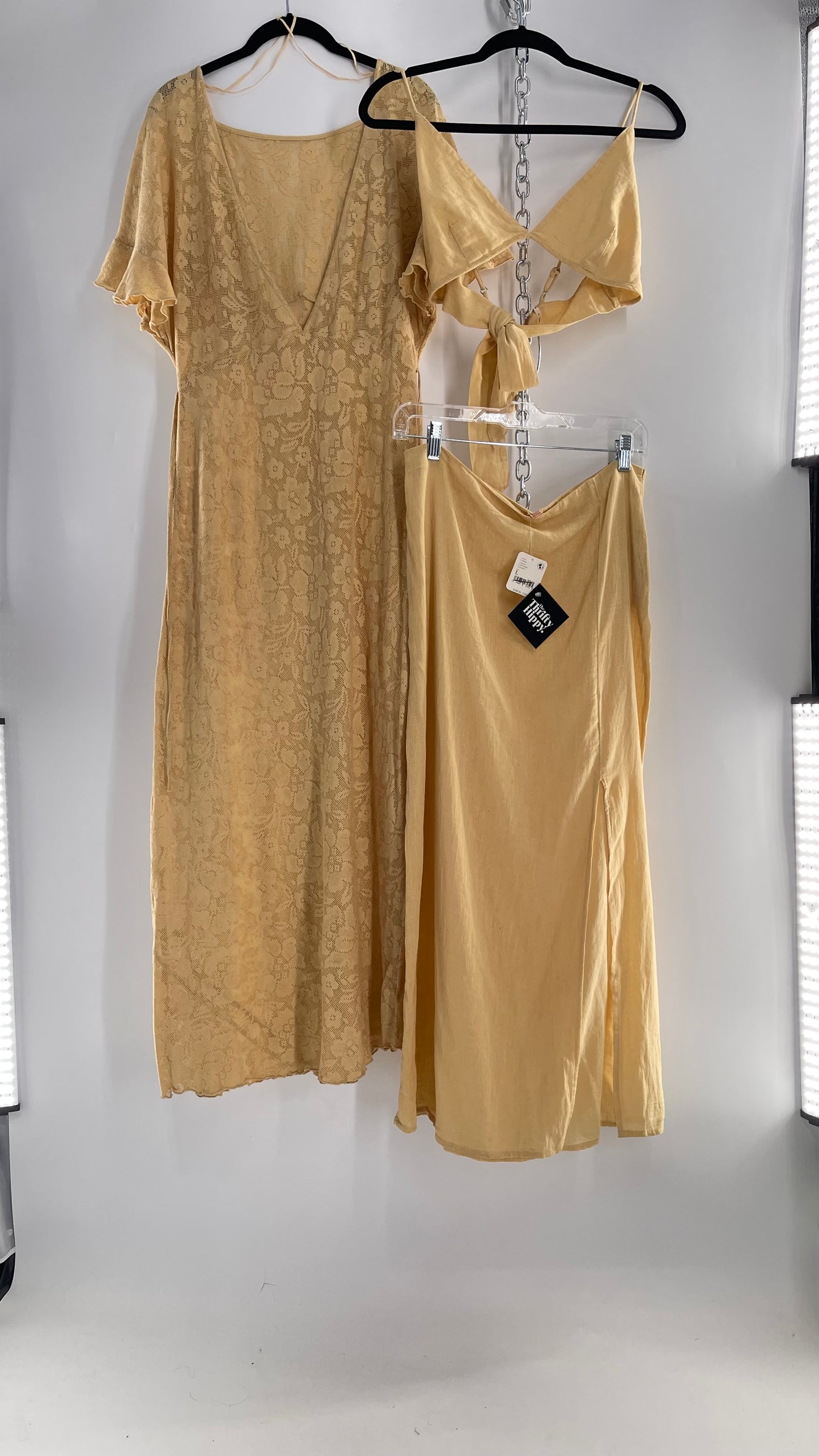 Free People Yellow Lace Gauze Maxi Dress Set with Bralette and Side Grommet Skirt (Large)