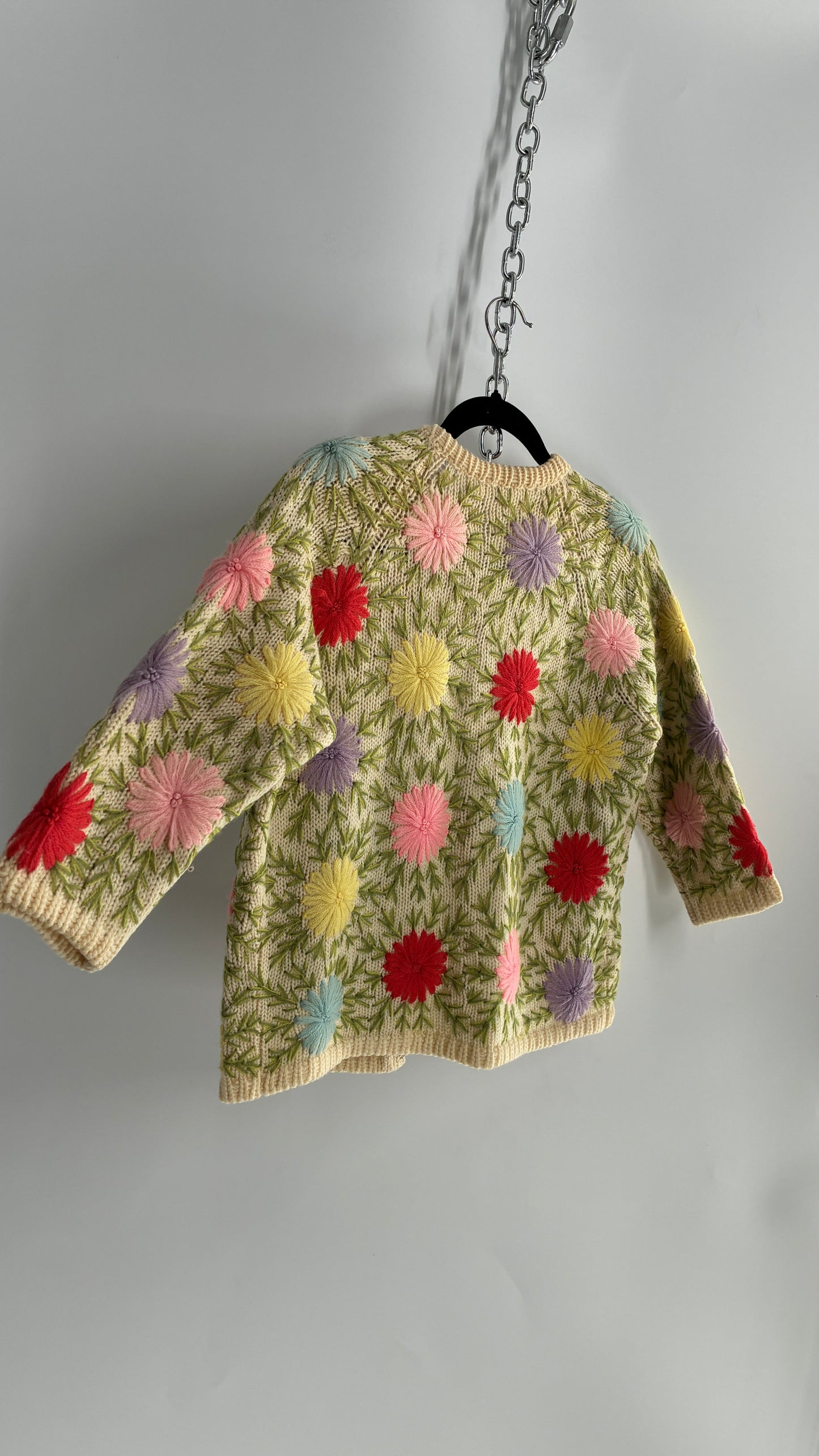Vintage Hand Knit Beige Cardigan with Colorful Flowers (Small)