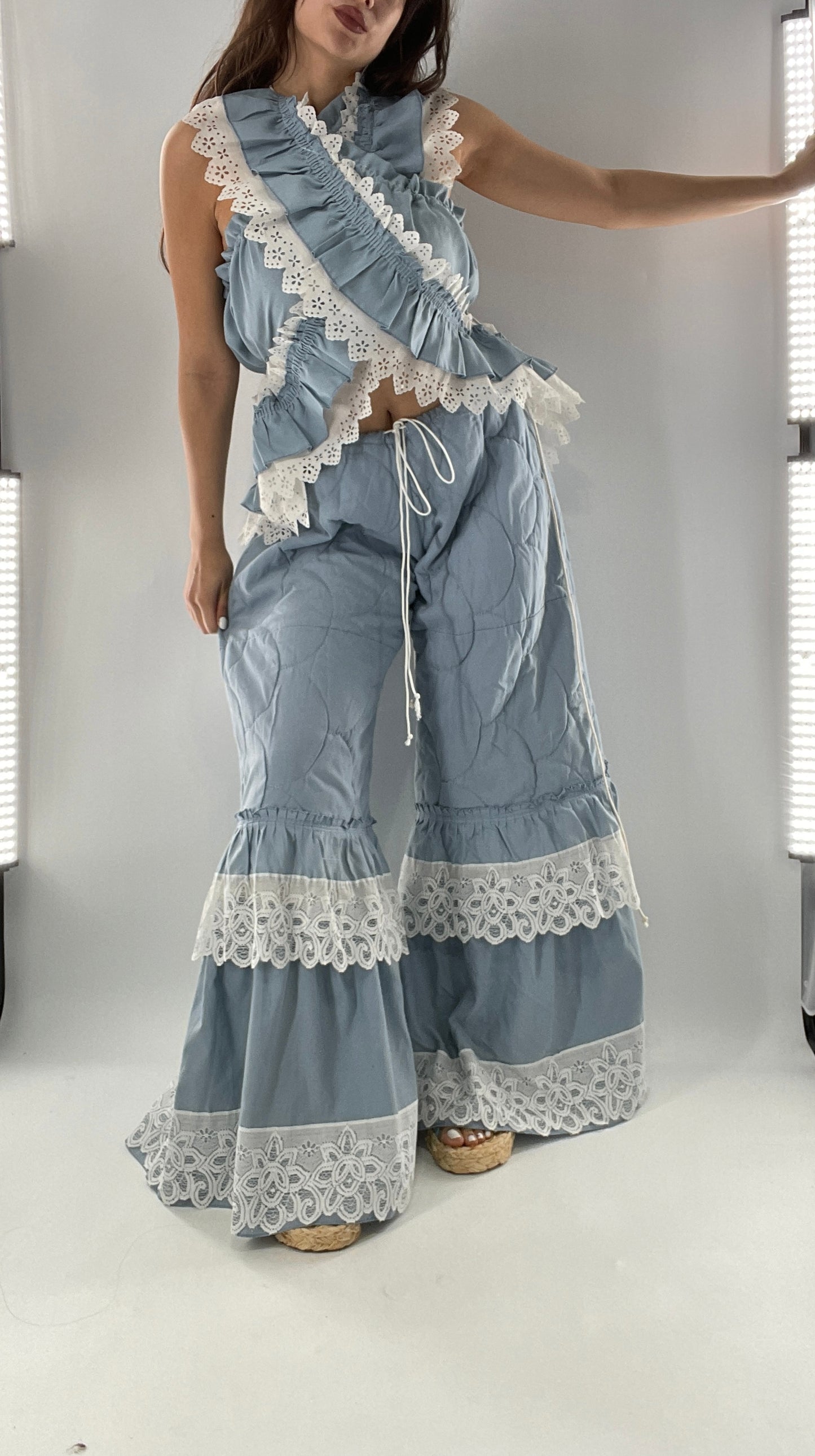 Vintage 2 Piece Powder Blue Set Featuring 2Way Blouse and Quilted Trousers Covered in Ruffles, Lace and Trim (One Size)