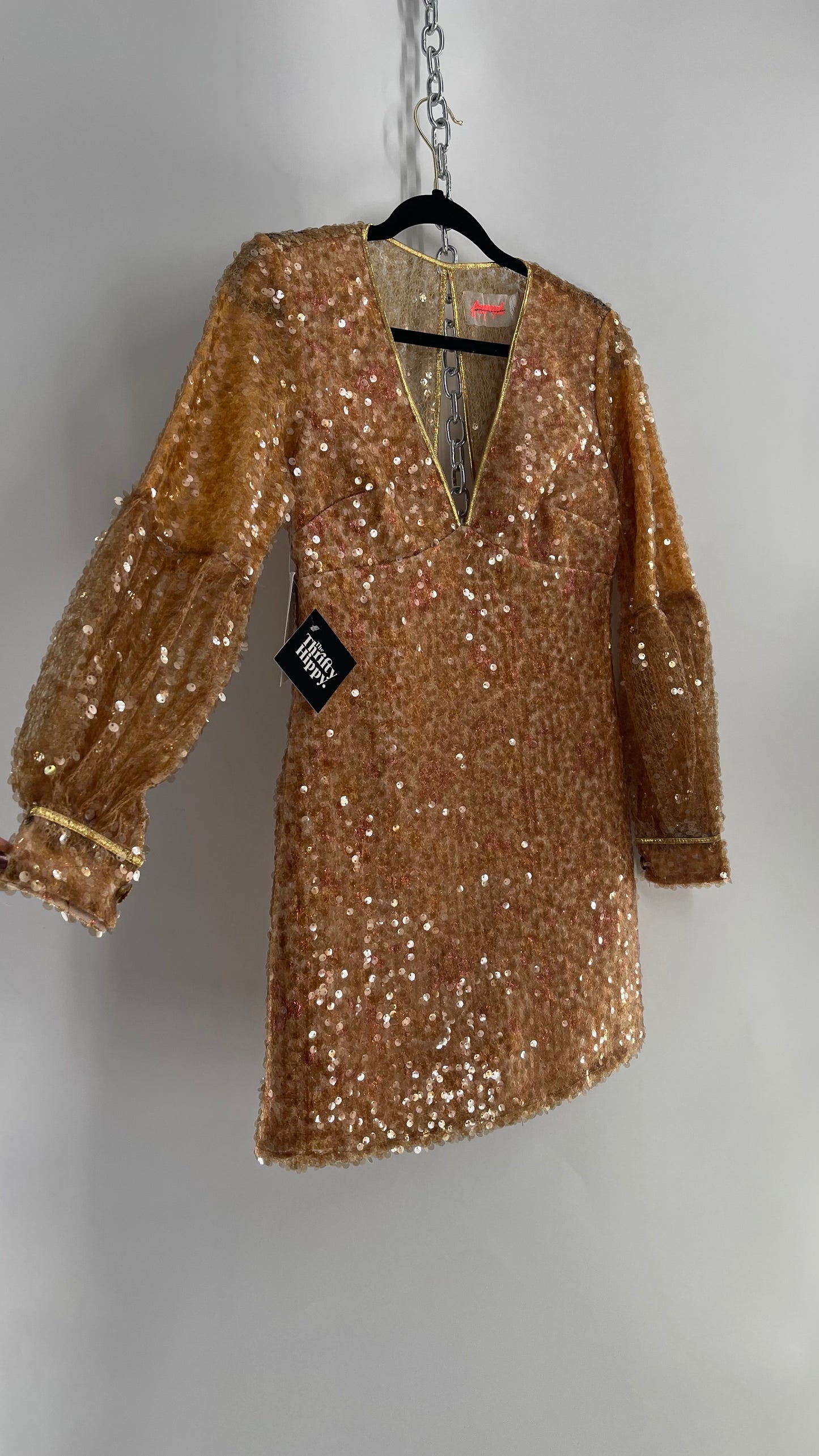 Free People Tapestry Underlay and Gold Sequin Overlay A-Line Mini Dress with Bubble Sleeves
(0)