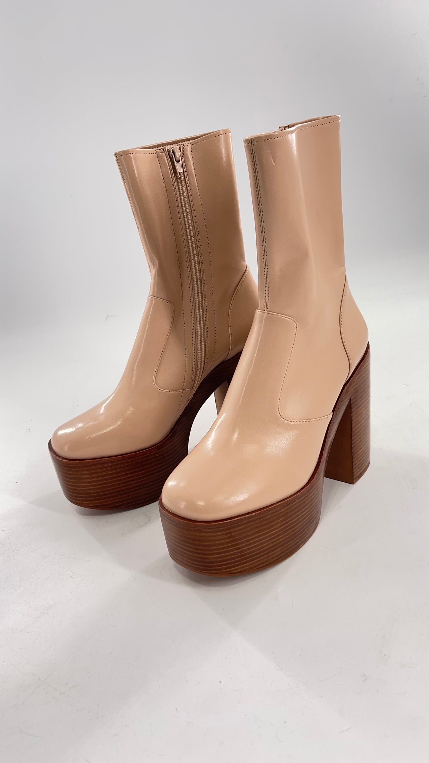 Free People X Jeffrey Campbell Mexique GoGo Boots • Beige Patent Boot with Wood Grain Chunky Block Heel and Platform (9)
