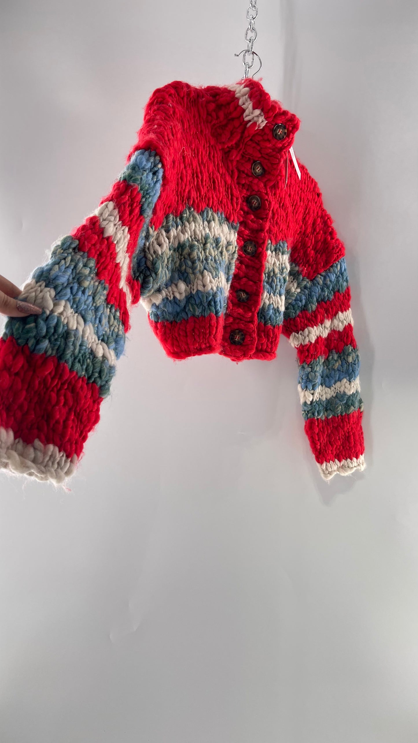 BDG Urban Outfitters Thick Knit Red White Blue Chunky Cropped Striped Cardigan (XS)