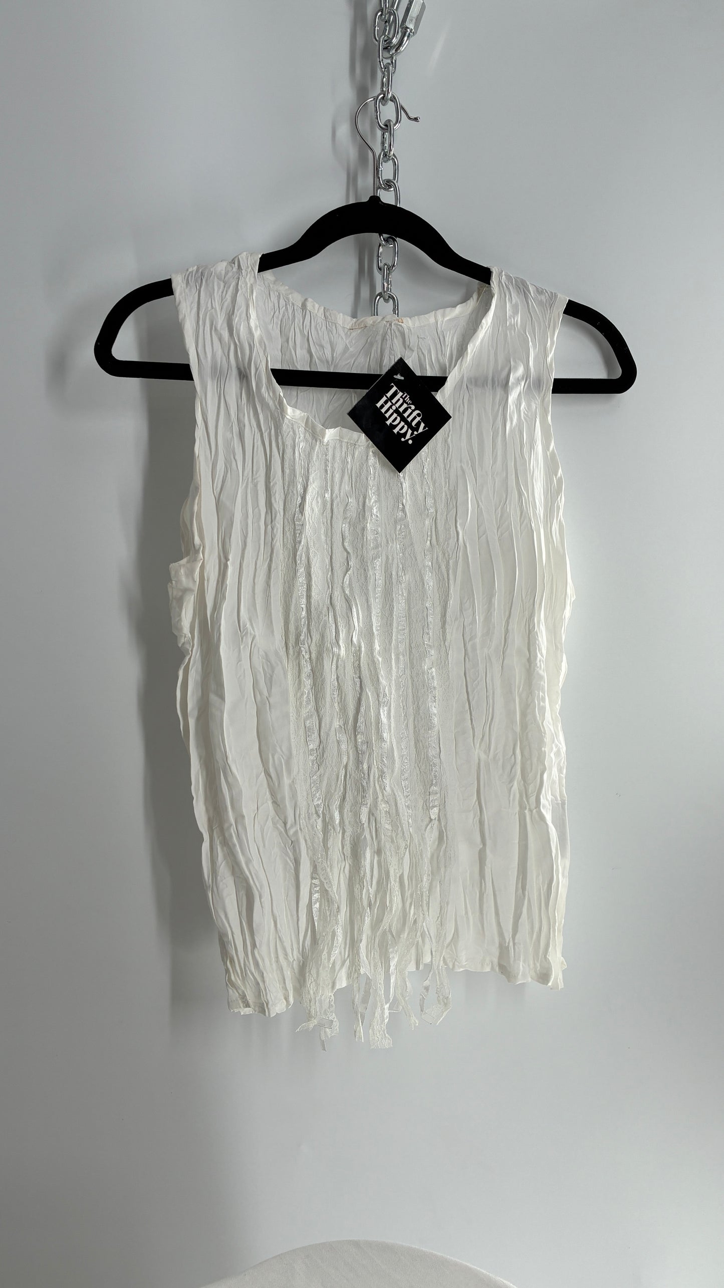 Vintage 1990s Crimped White Camisole with Tassels, Ribbons, and Lace (Medium)
