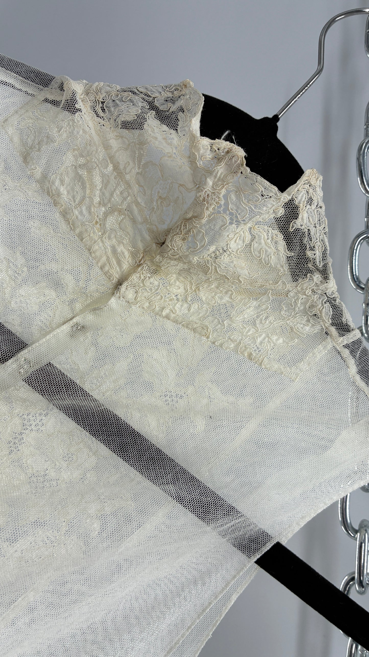 Vintage Antique Sheer Delicate Mesh, Mock Neck, Lace Paneled Camisole with Drawstring Waistline (XS/S)